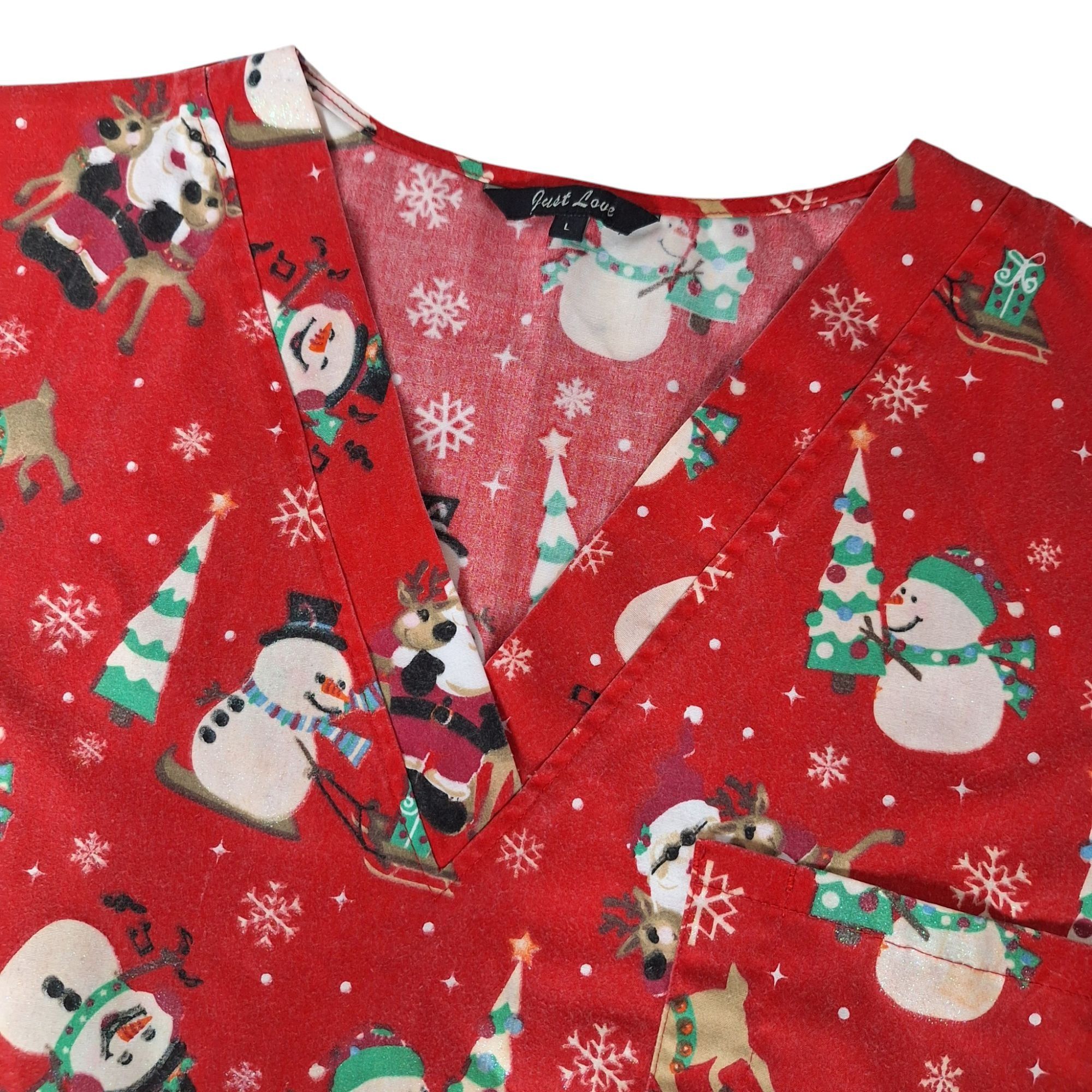 Other Just Love Christmas V-Neck Scrub Top Large Santa Snowman Rei Size L / US 10 / IT 46 - 1 Thumbnail