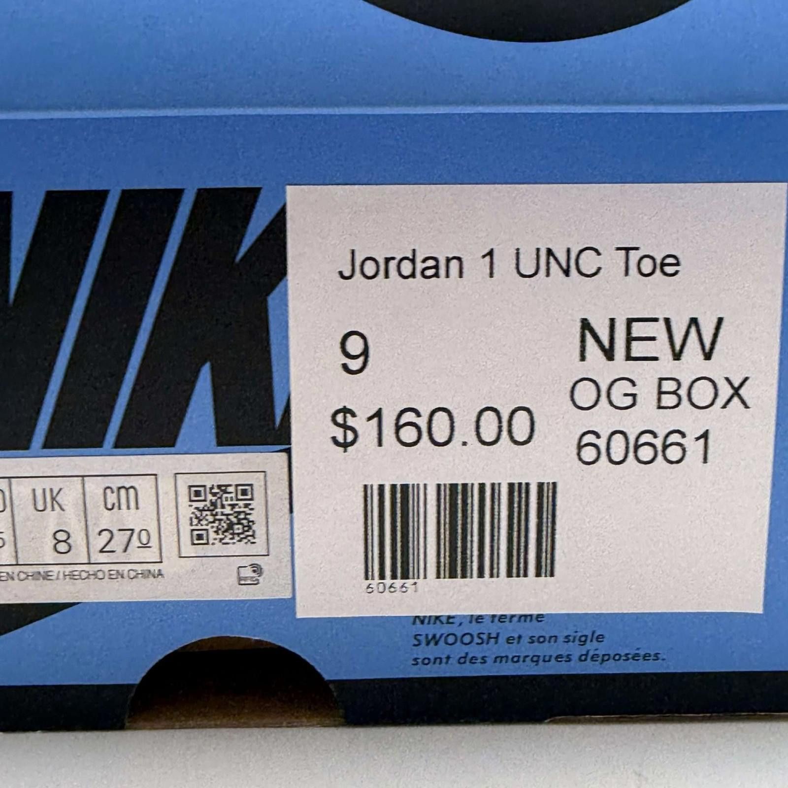 Jordan Brand Jordan 1 UNC Toe Sneakers US 9 New with Box DZ5485 400 Size US 9 / EU 42 - 8 Thumbnail