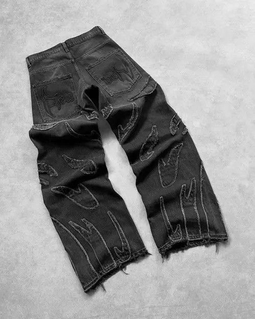 Japanese Brand Street Retro Raw Edge Embroidery Baggy Jeans Size US 34 / EU 50 - 4 Thumbnail