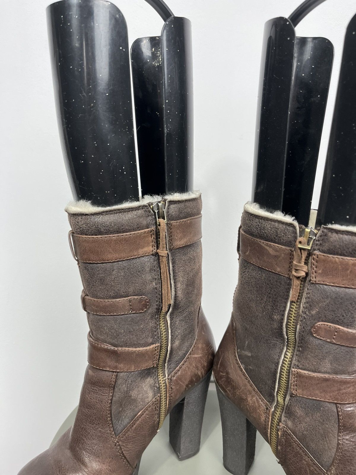 Other Women Brown Leather Buckle High Heel Boots Shearling EU 38 Size US 7 / IT 37 - 9 Thumbnail