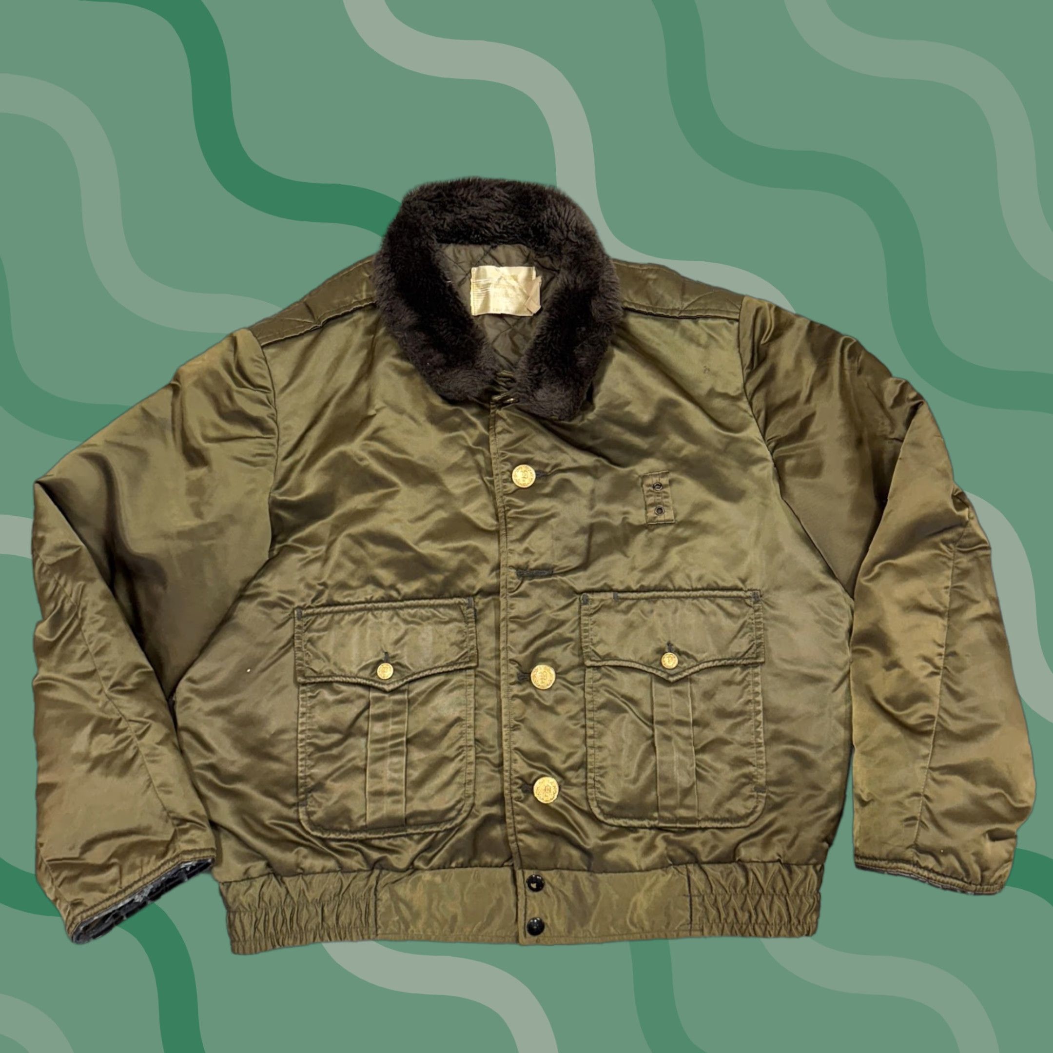 Vintage VINTAGE Fechheimer Bros. Co. Jacket Mens 44 Nylon Bomber Green Fur Collar Insulated Full Zip Size US S / EU 44-46 / 1 - 1 Thumbnail