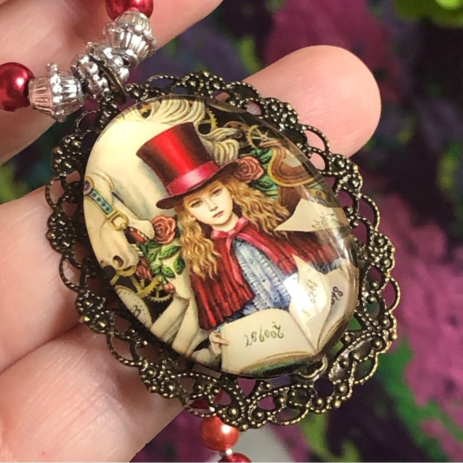 Handmade Handcrafted repurpose top hat girl cameo Pearl necklace Size ONE SIZE - 8 Thumbnail