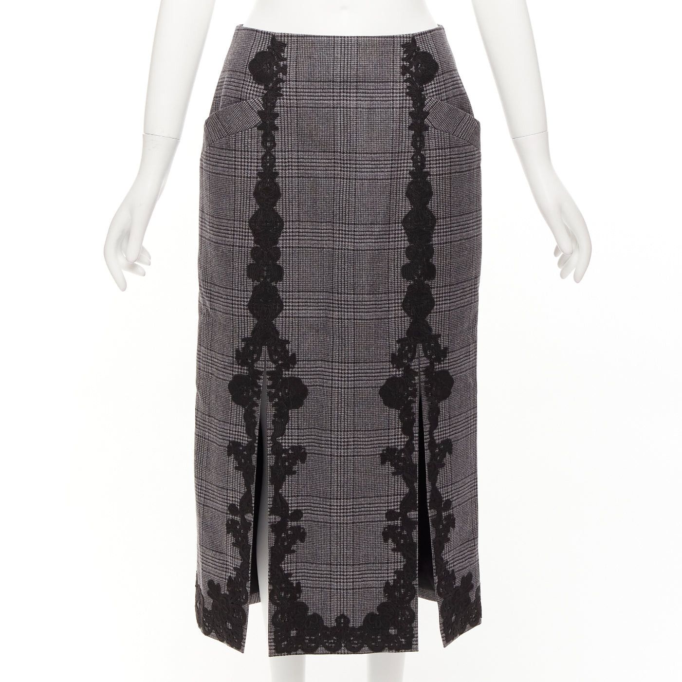 Jonathan Simkhai JONATHAN SIMKHAI grey wool houndstooth lace applique dual slit pencil skirt US4 S Size 28" / US 6 / IT 42 - 1 Thumbnail