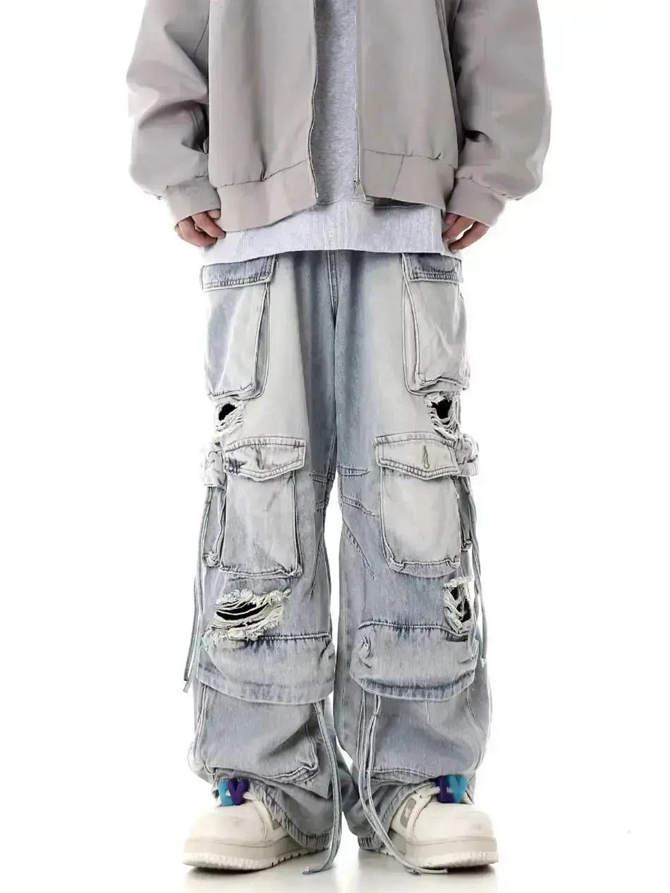 Japanese Brand Street Hip Hop Grunge Ripped Wide Leg Jeans Pants Size US 32 / EU 48 - 1 Thumbnail