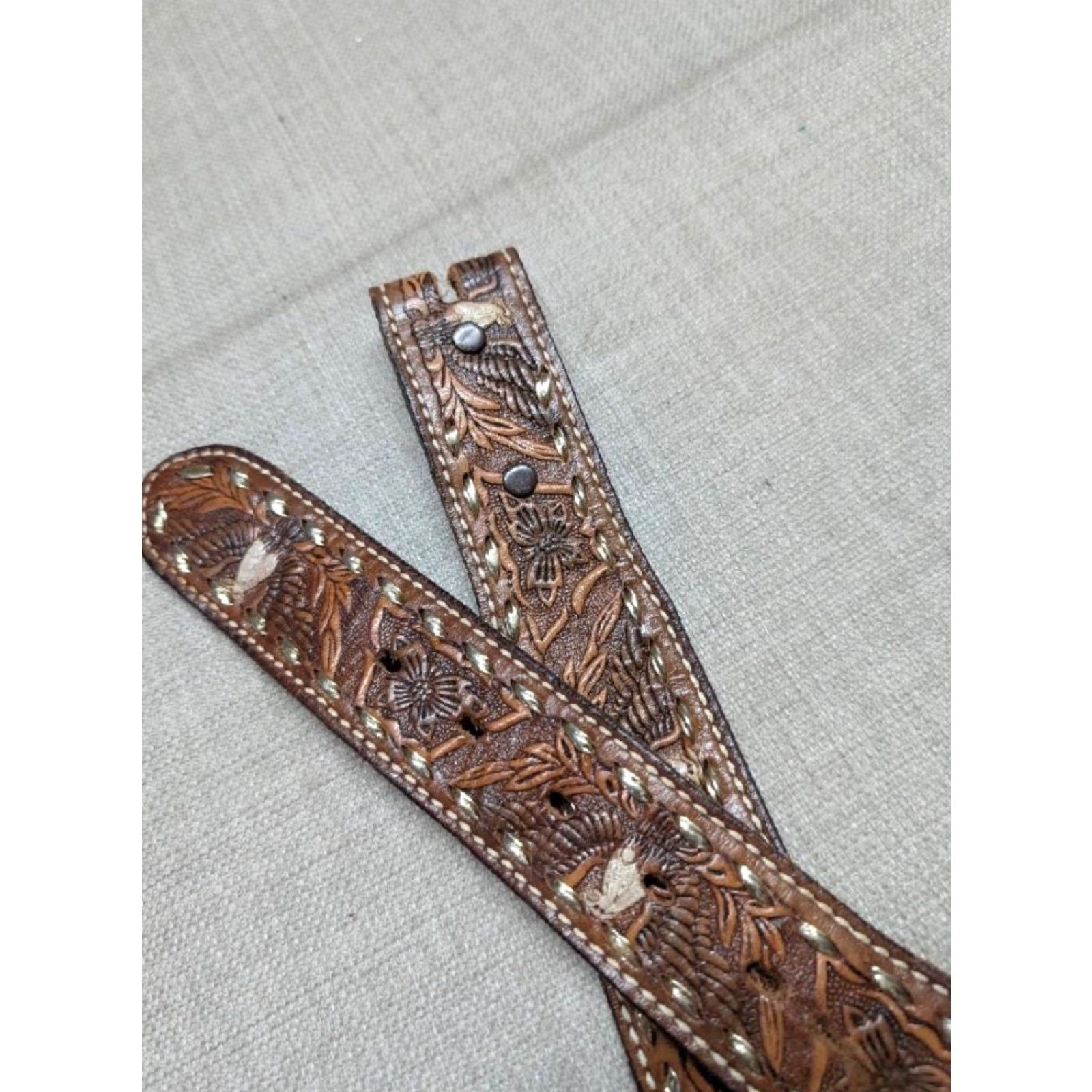 Vintage VINTAGE western belt Tooled PUDGE belt 42 brown leather Cowhide Handmade Men Western Belt Size 42 - 3 Thumbnail