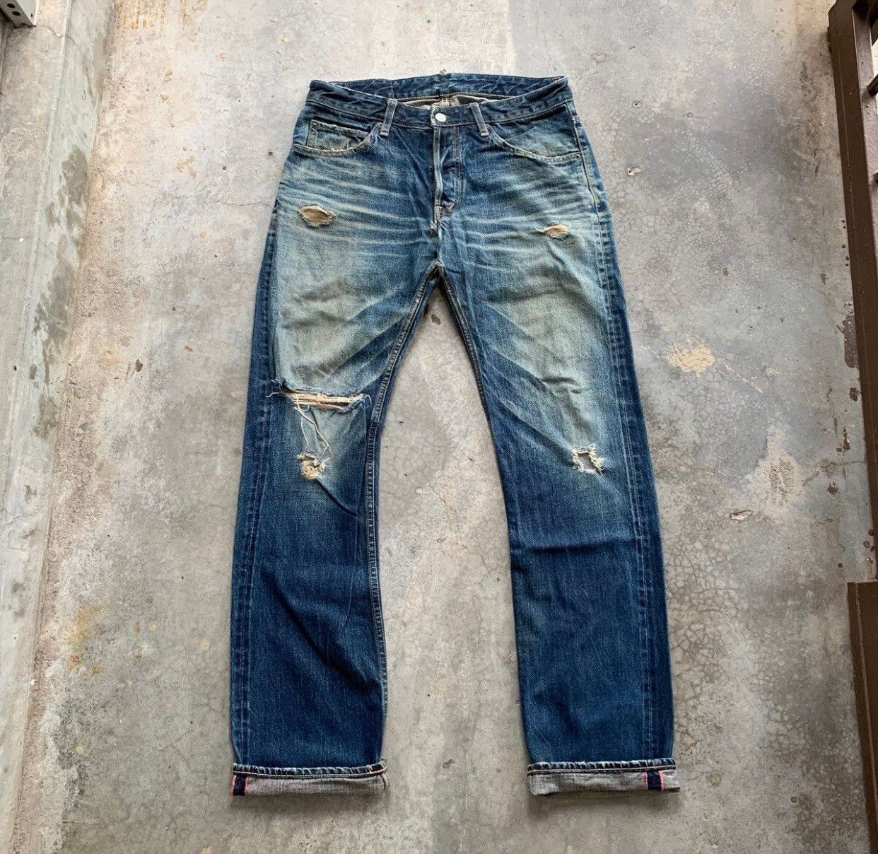 Japanese Brand HRM Indigo Selvedge Red Line Distressed Jeans Denim Size US 32 / EU 48 - 1 Thumbnail