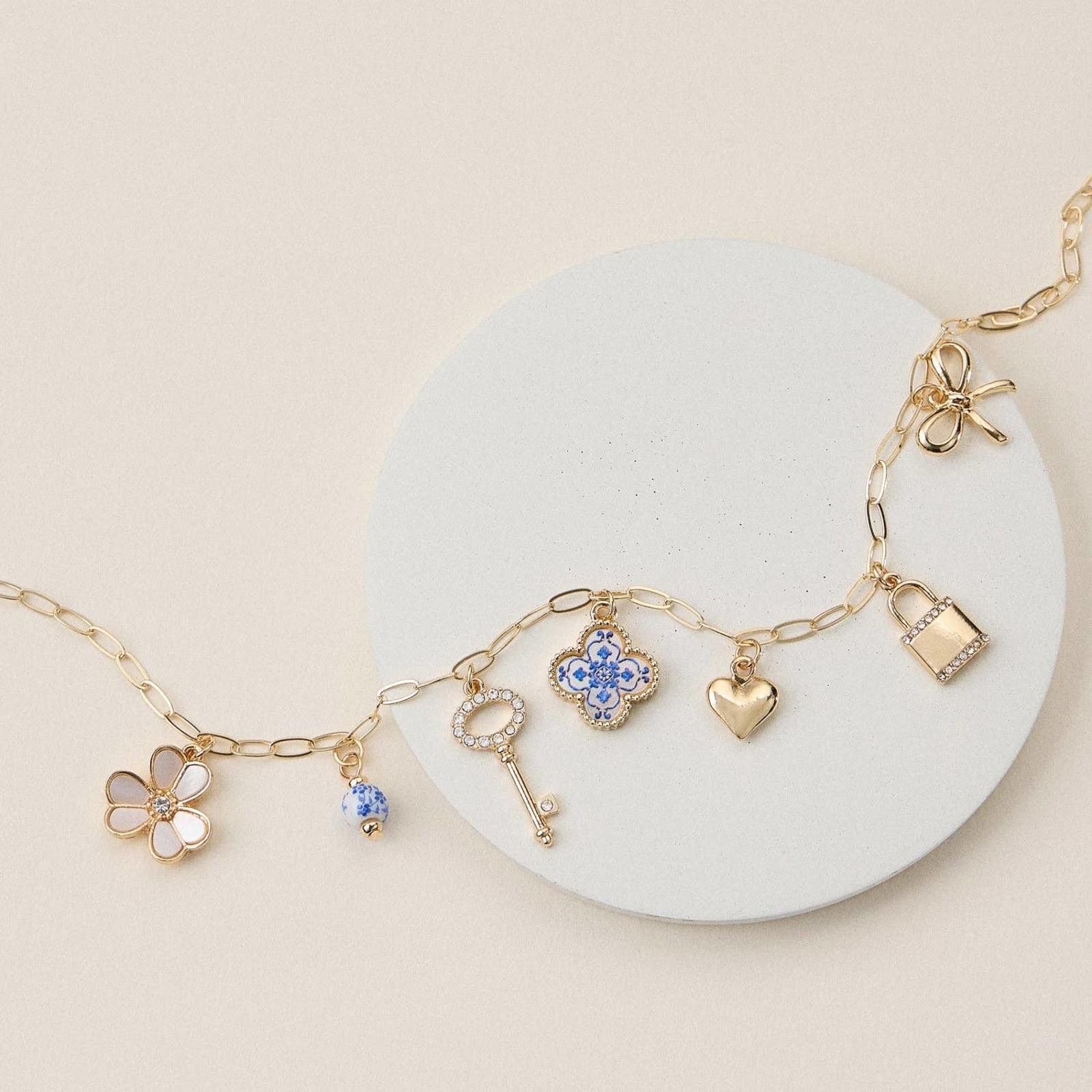 Other Gold Charm Necklace with Key, Heart, Clover & Floral Accents Size ONE SIZE - 2 Thumbnail