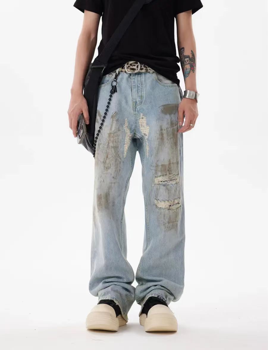 Baggy Cashew Patch One Knee Ripped Dirty Jeans