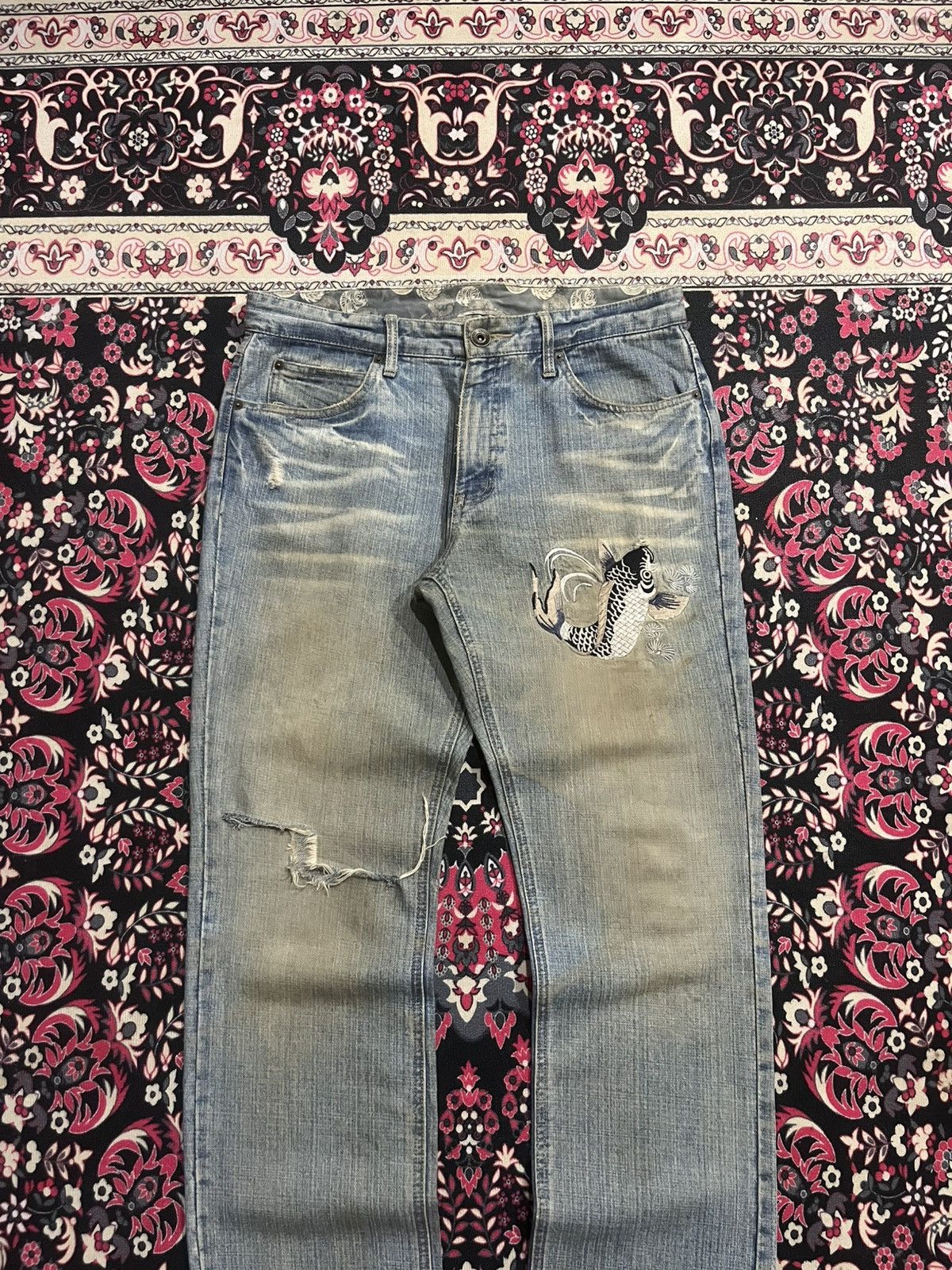 Karakuri Tamashii ⚡️Distressed⚡️Vintage Japanese Fish Koi Embroidery Mud Jeans Size US 34 / EU 50 - 3 Thumbnail
