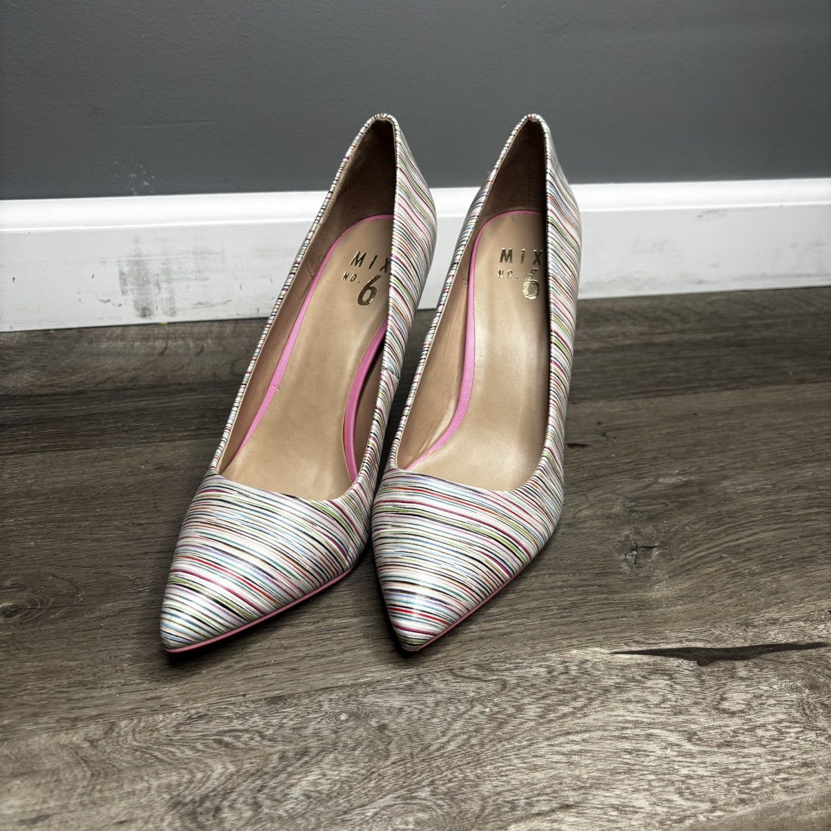 Vintage Mix No. 6 Striped Pink Pointed Toe High Heels Shoes Women's Size US 8 / IT 38 - 1 Thumbnail