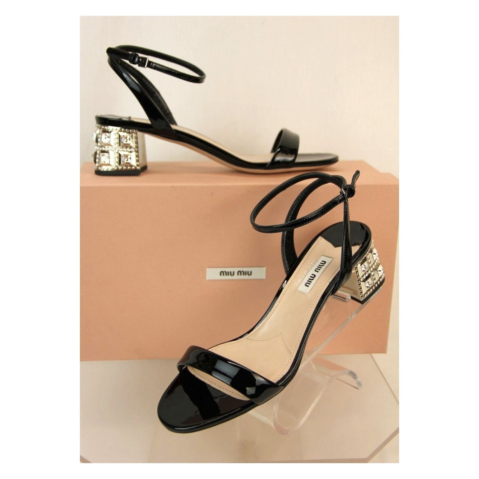 Miu Miu BLACK PATENT LEATHER CRYSTALS JEWELED HEEL SANDALS 39.5 Size US 9.5 / IT 39.5 - 3 Thumbnail