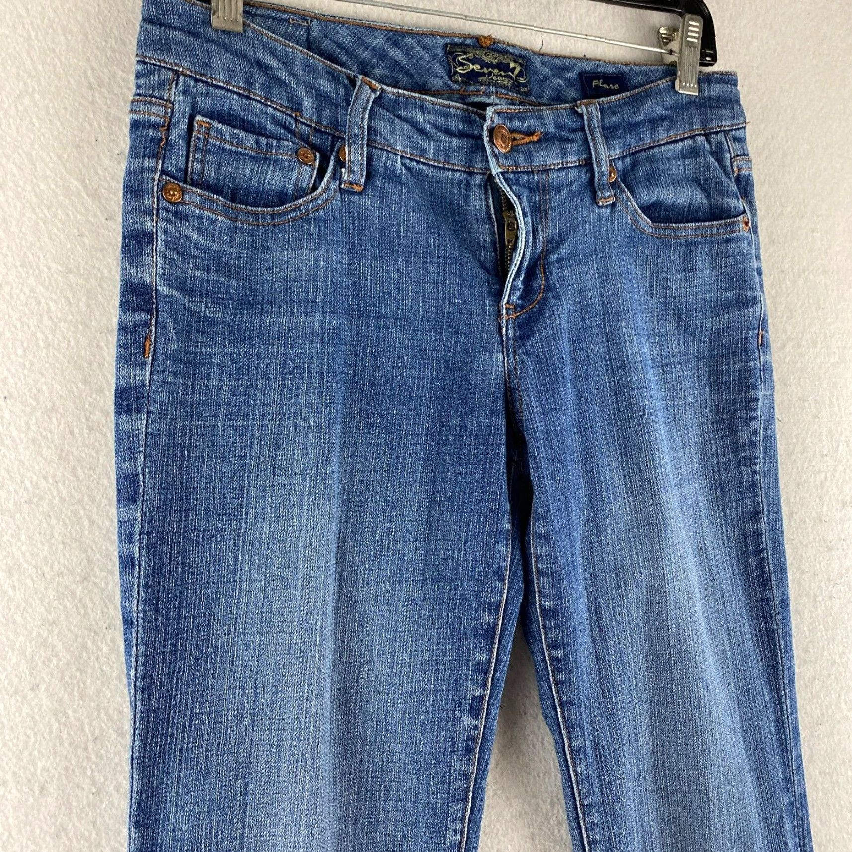 Vintage Seven7 Jeans Womens Flared Jeans 27 Blue Low-Rise Distressed Embroidered Denim Pants Size 27" / US 4 / IT 40 - 4 Thumbnail