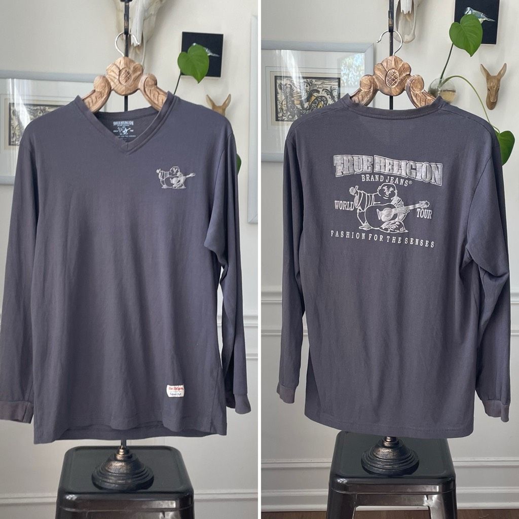 True Religion True Religion Grey Slim Fit Buddy Logo Vneck Long Sleeve Tsh Size US XXL / EU 58 / 5 - 1 Thumbnail