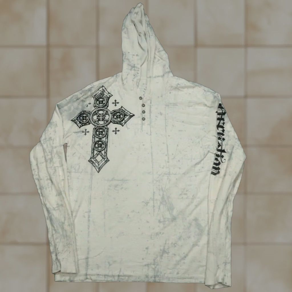 Affliction VINTAGE Affliction Hoodie Men XL White Gray Pullover Cross Wings Y2K Mens Hoodie XL White Cross Wings 90s 2000s Size US XL / EU 56 / 4 - 1 Thumbnail