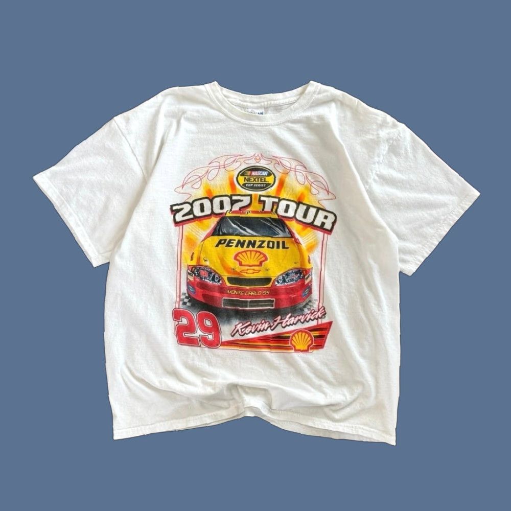 Gildan VINTAGE Kevin Harvick NASCAR T-Shirt XL White Men Short Sleeve Racing Cars Y2k 2000s Double Sided Size US XL / EU 56 / 4 - 1 Thumbnail