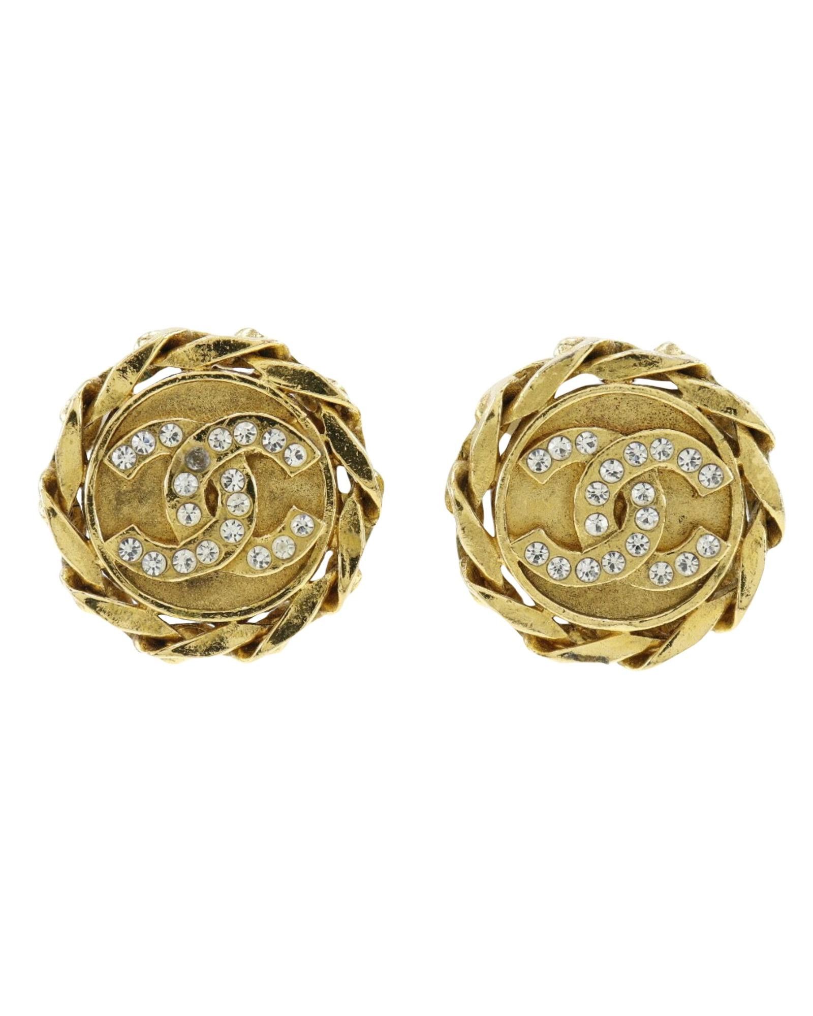 image of Chanel Coco Mark Gold Plated Rhinestone Earrings, Women's