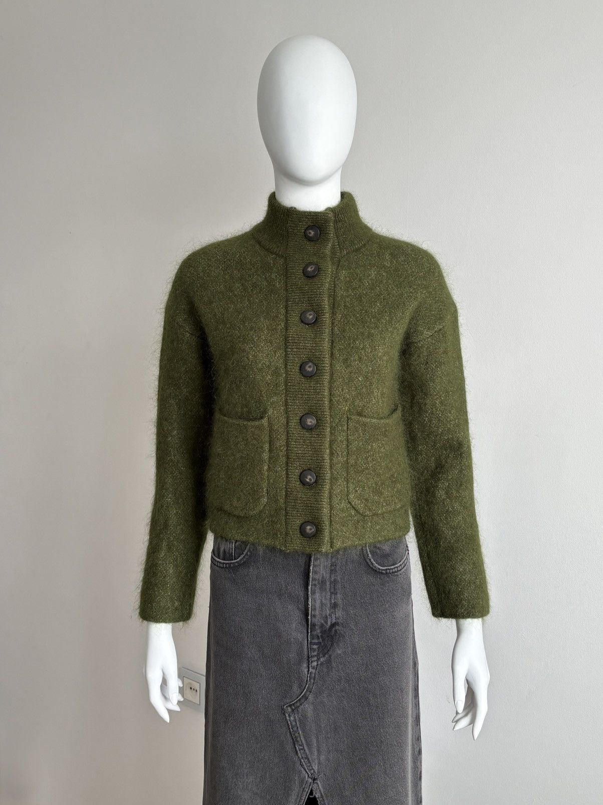 Sezane Thais Jacket Mohair Wool Blend Cardigan Khaki Sweater
