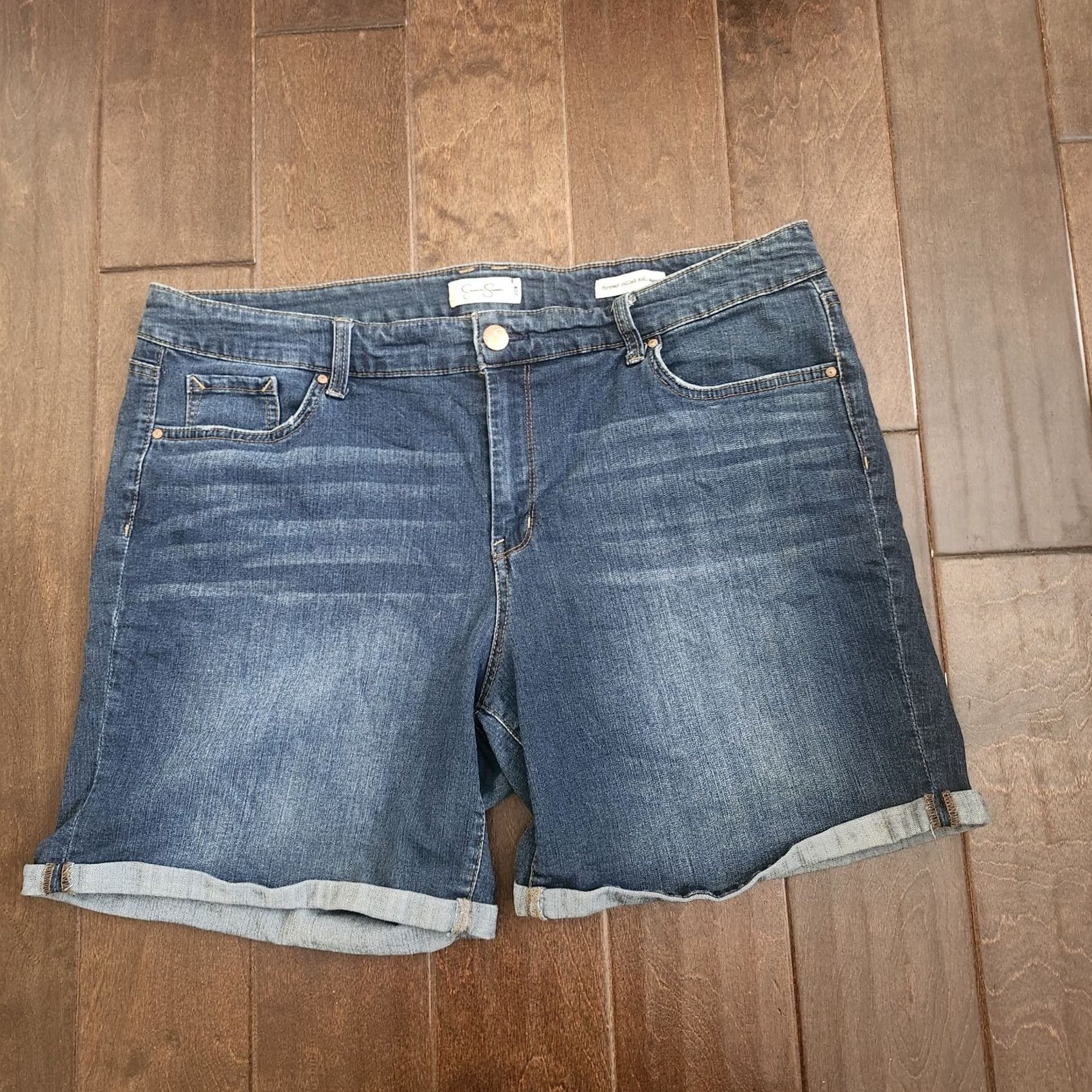 Jessica Simpson Jessica Simpson Womens 20W Dark Wash Denim Shorts Rolled Cuff Casual American 90s Stretch Blue Regular Ship Womens Size 42" / US 20 - 2 Thumbnail