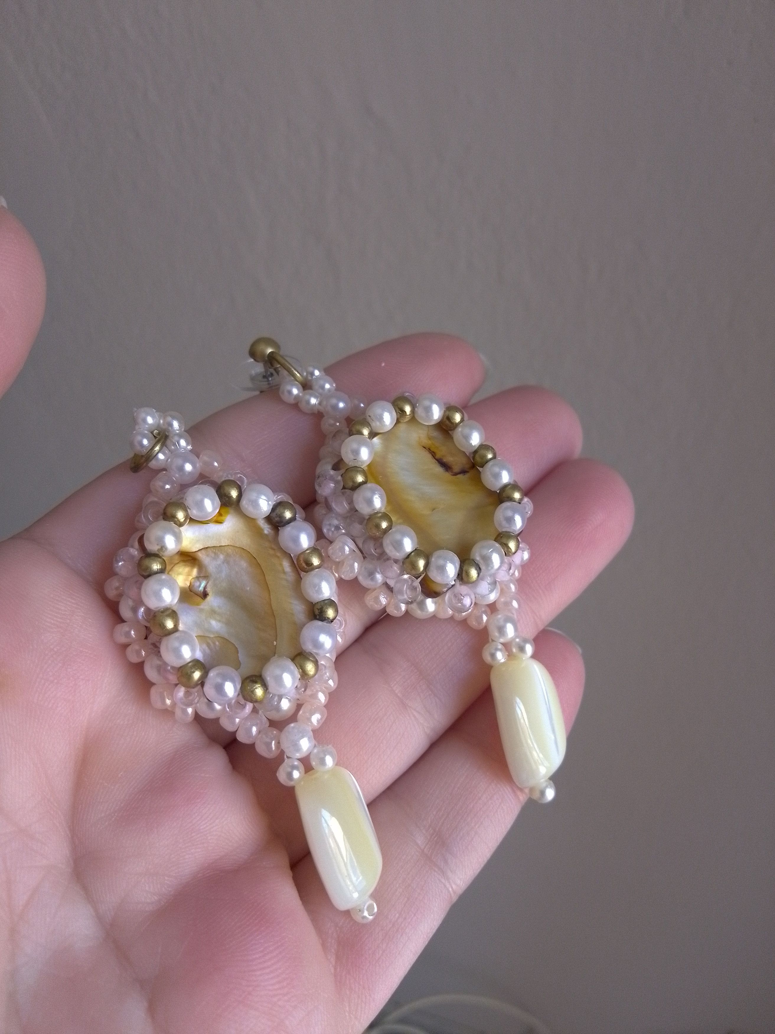 Handmade Precious Earrings Mother of Pearl Gemstones Antique '70 Size ONE SIZE - 8 Thumbnail