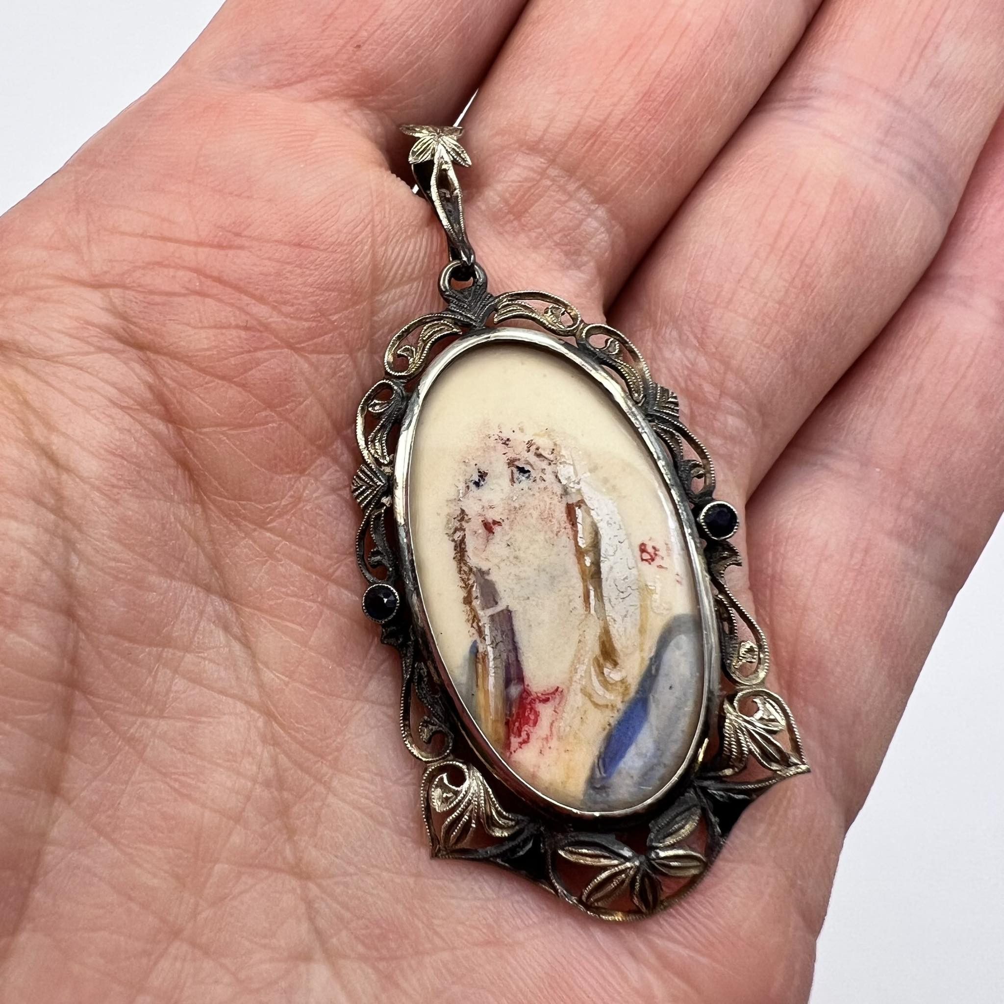 Antique Christian Pendant Mary Gilt Silver 800 Sapphire