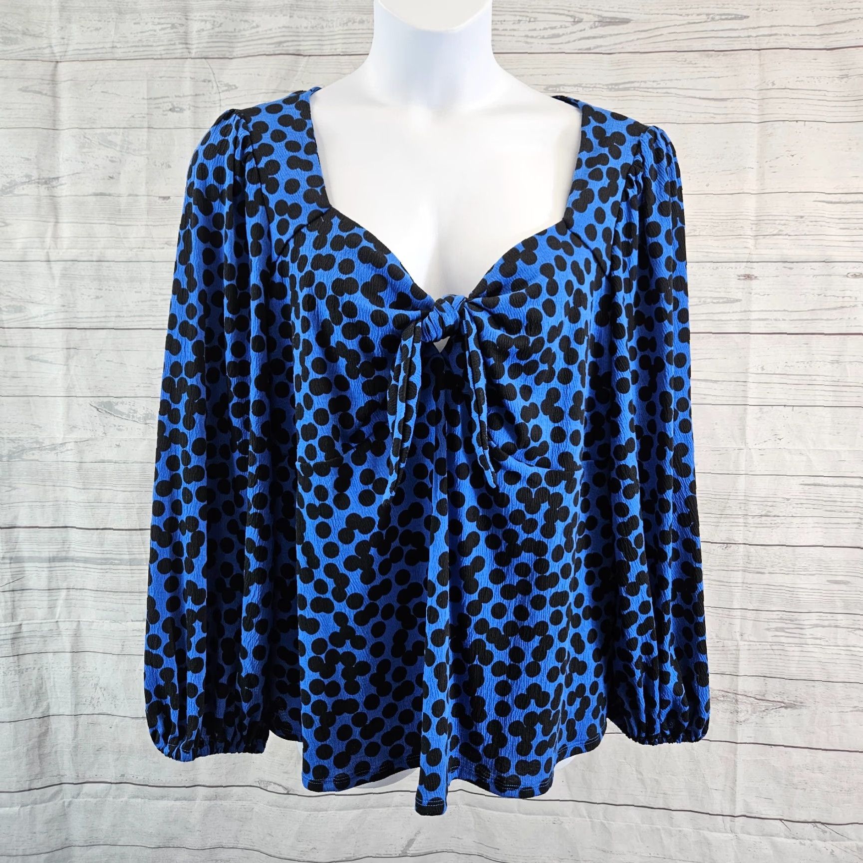 Vintage Ava & Viv Womens Top 2X Black Blue Long Sleeve Tie Front Blouse Shirt Womens Size XXL / US 16-18 / IT 52-54 - 2 Thumbnail