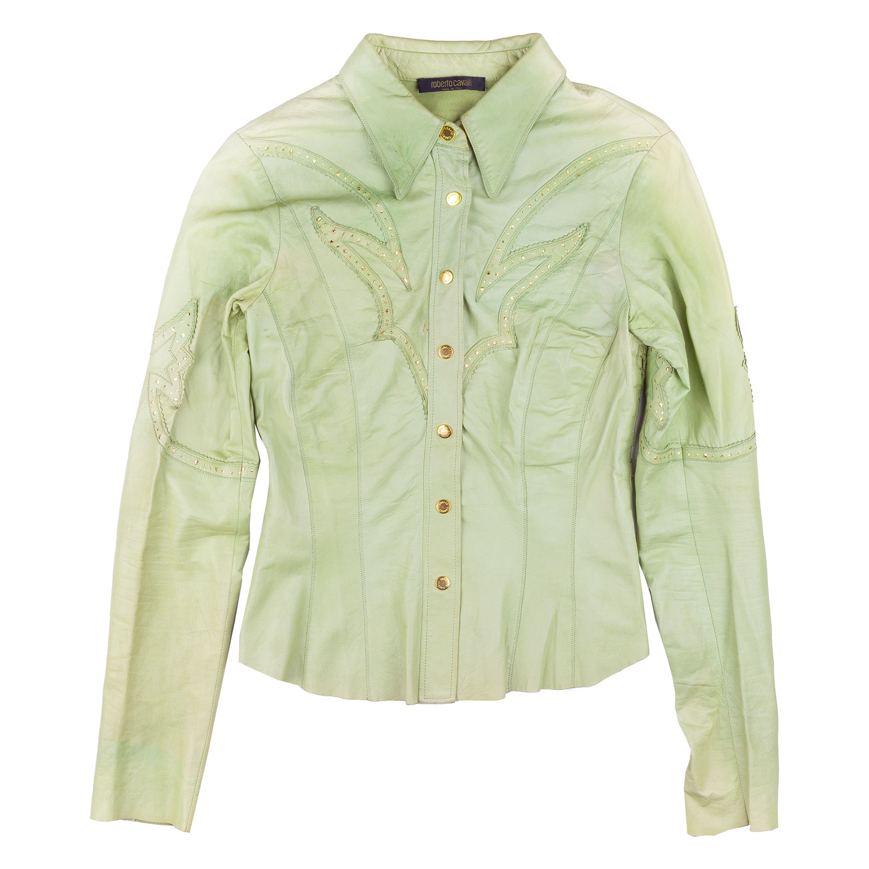 Roberto Cavalli Roberto Cavalli Western Green Leather Vintage Shirt (S) Size S / US 4 / IT 40 - 1 Thumbnail