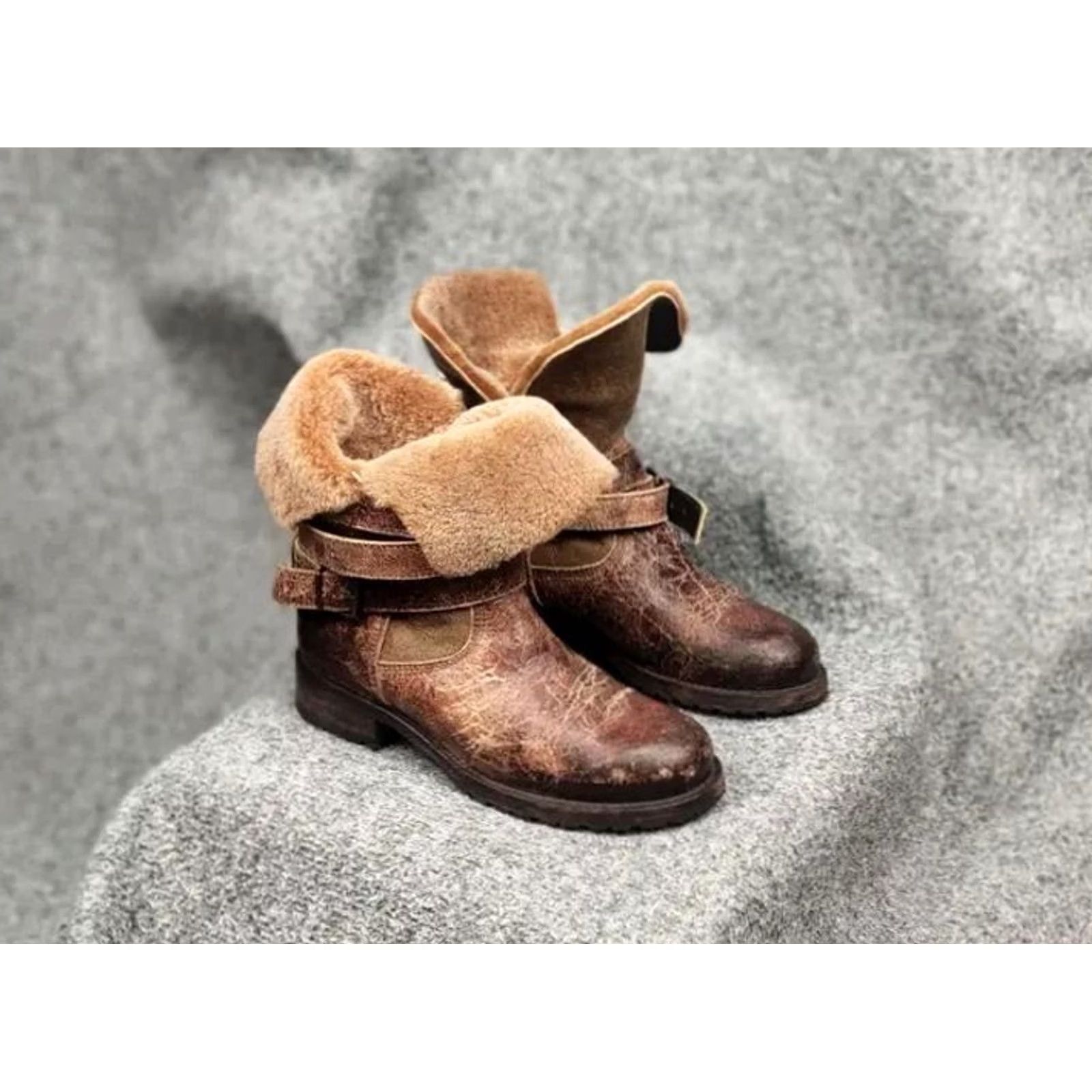 Vintage Sendra handmade design Ankle Brown Leather Womens fur boots Size US 7 / IT 37 - 2 Thumbnail