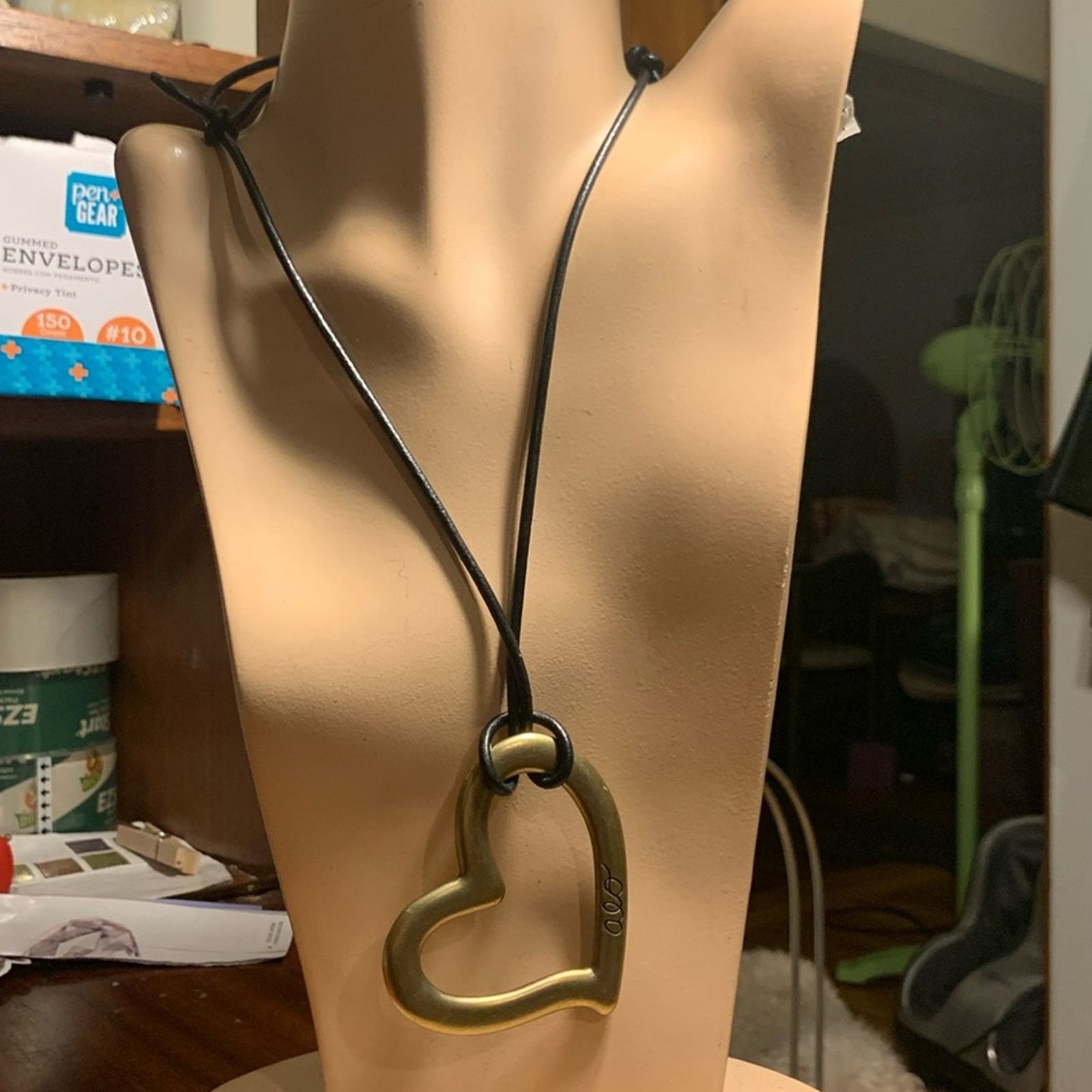 Alo Solid brass open heart puffed pendant adjustable leather Size ONE SIZE - 1 Thumbnail