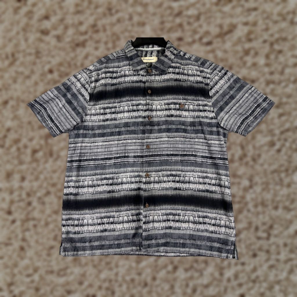 Tommy Bahama Shirt Mens Extra Large Gray Stripe Silk Button Up Hawaiian Pocket