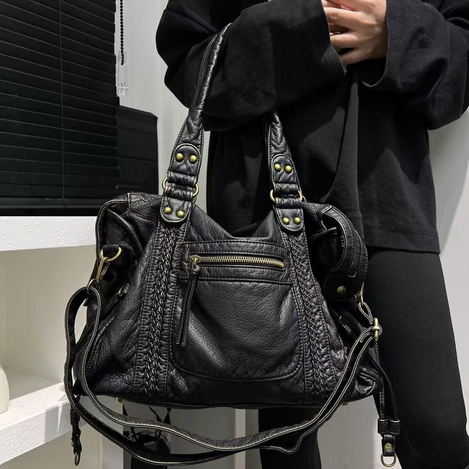 Leather Black Braided Leather Shoulder Bag, Large Handbag Size ONE SIZE - 2 Thumbnail