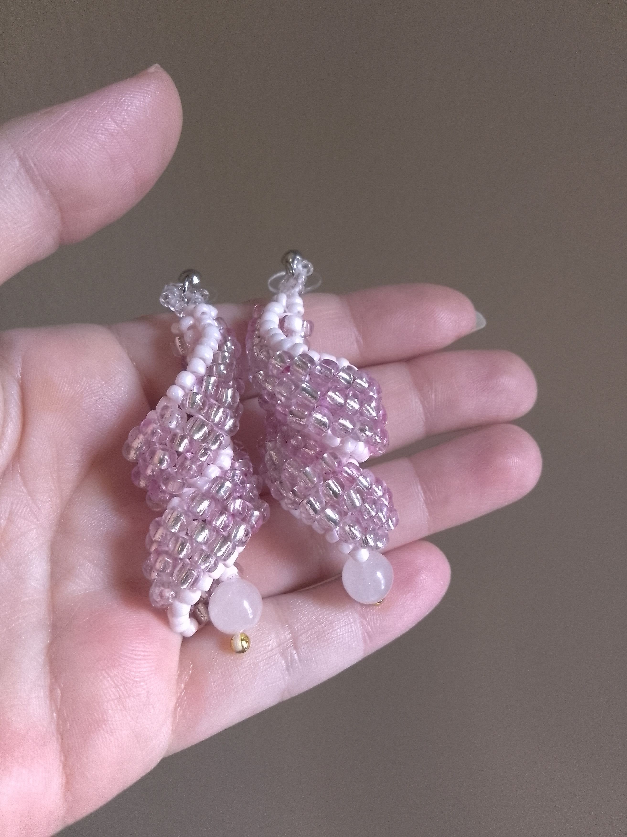 Handmade Pink earrings curled dangle social rose quartz gemstones Size ONE SIZE - 5 Thumbnail