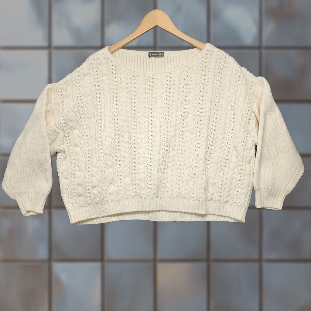 Vintage VINTAGE Point Sur J Crew Sweater Womens S/M Oversized Cropped White Cotton Pullover Long Sleeve, Boxy, 100% Cotton, Fall Winter Women S/M Size S / US 4 / IT 40 - 1 Thumbnail