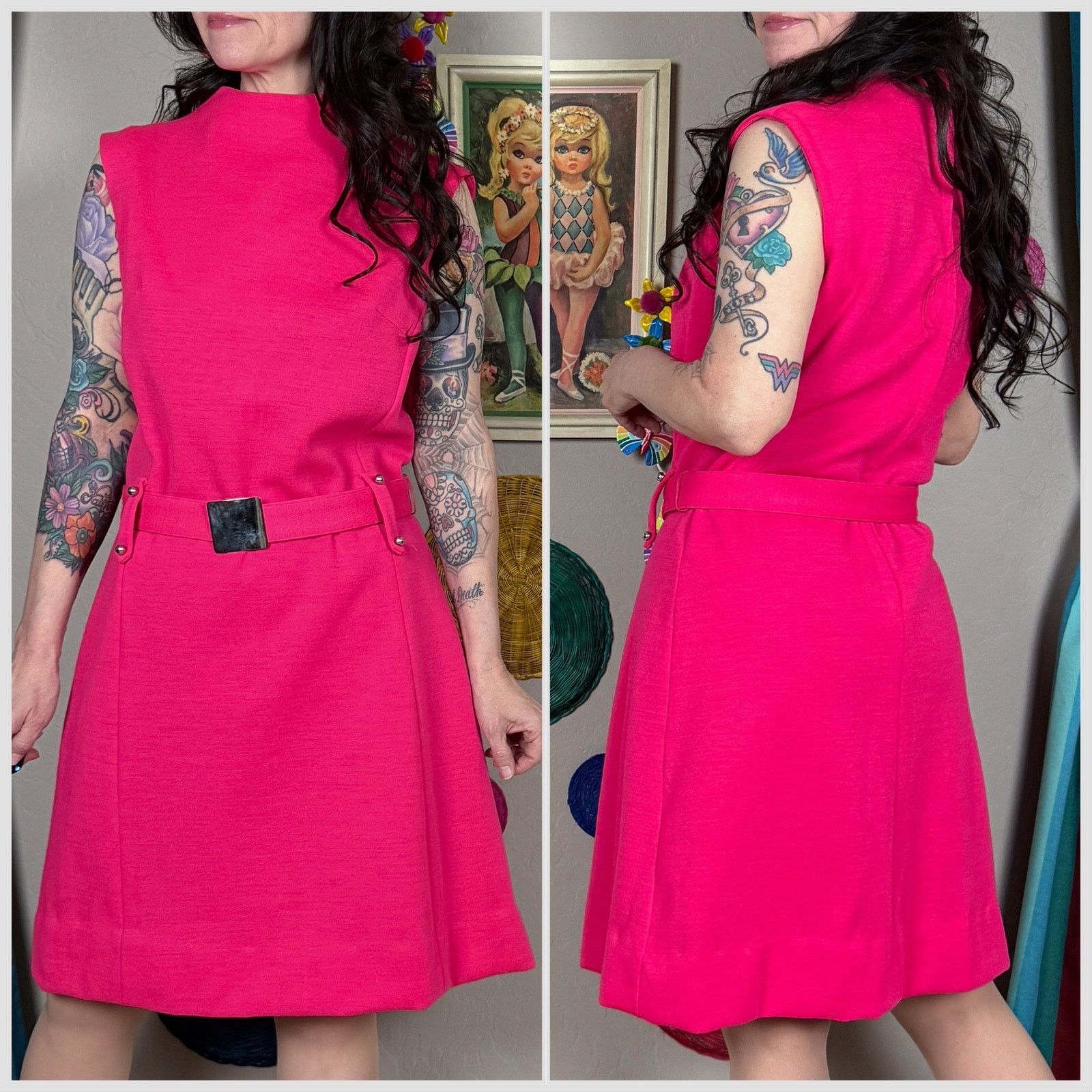 Vintage 1970s Hot Pink Sleeveless A-Line Belted Mod Knit Dress Size M / US 6-8 / IT 42-44 - 3 Thumbnail