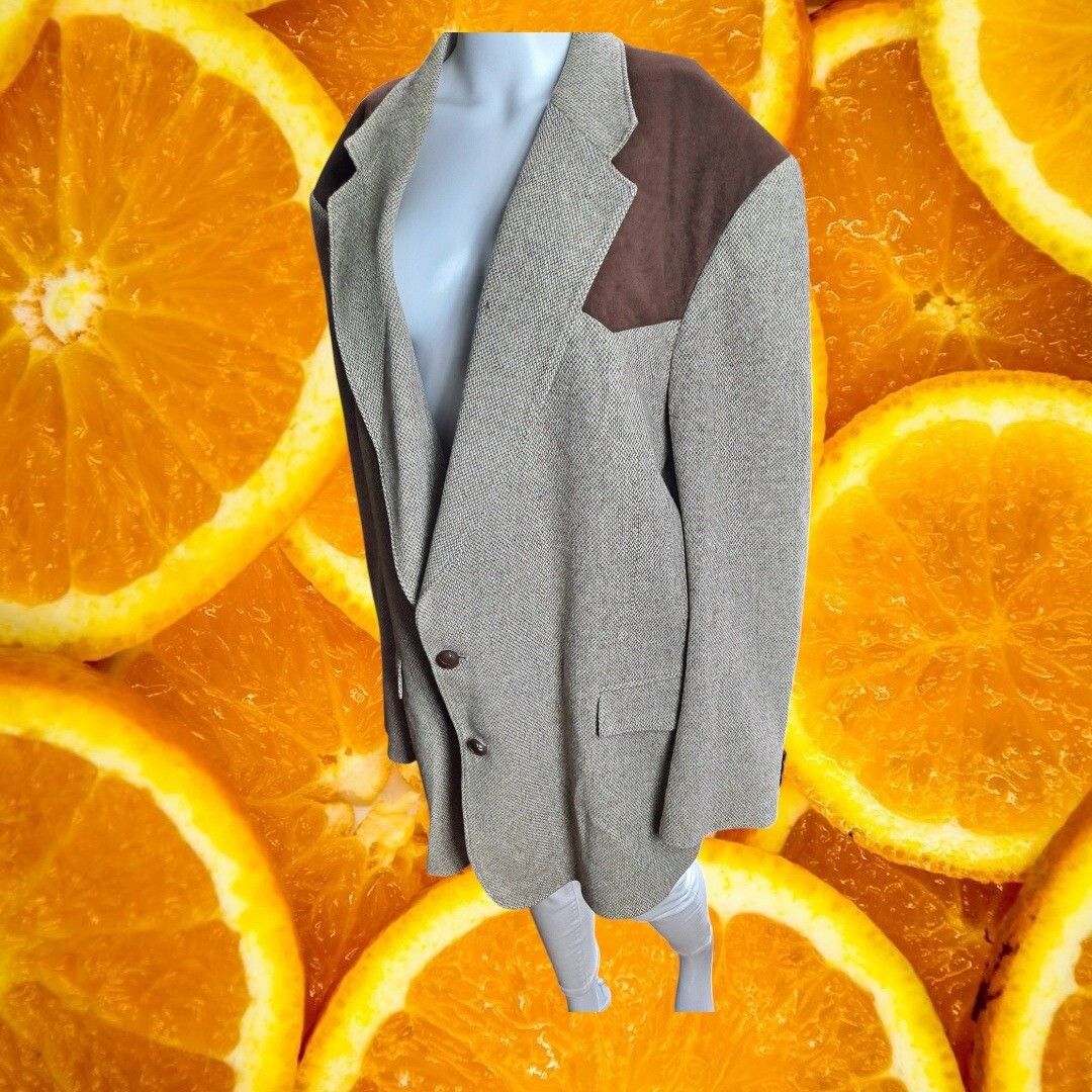 Other High Noon Tweed Blazer Brown Suede Patch Sport Coat Herringb Size 50R - 1 Thumbnail