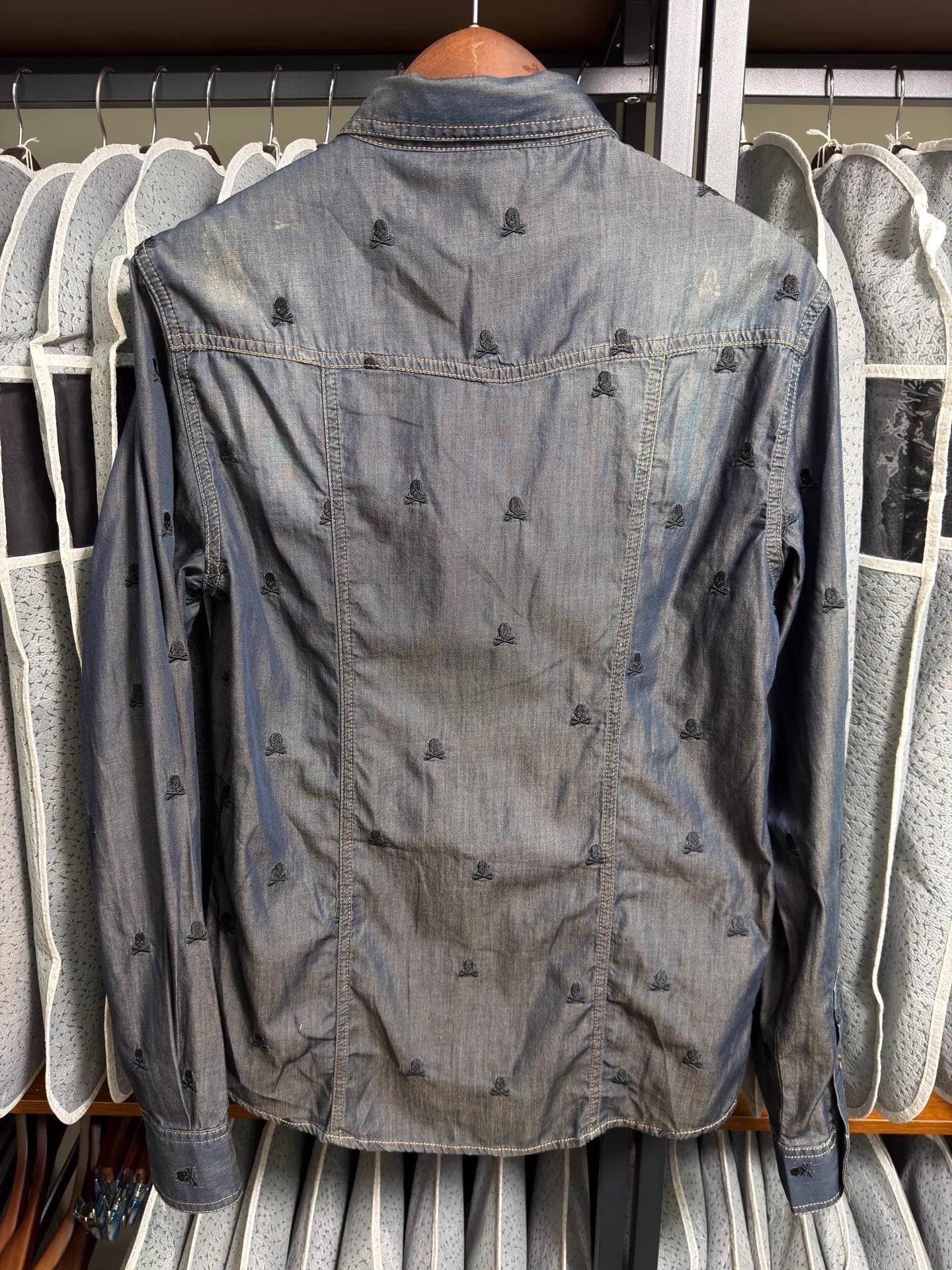 Philipp Plein Blue Embroidered Skull Denim Button-Up Shirt Size US XXS / EU 40 - 2 Thumbnail