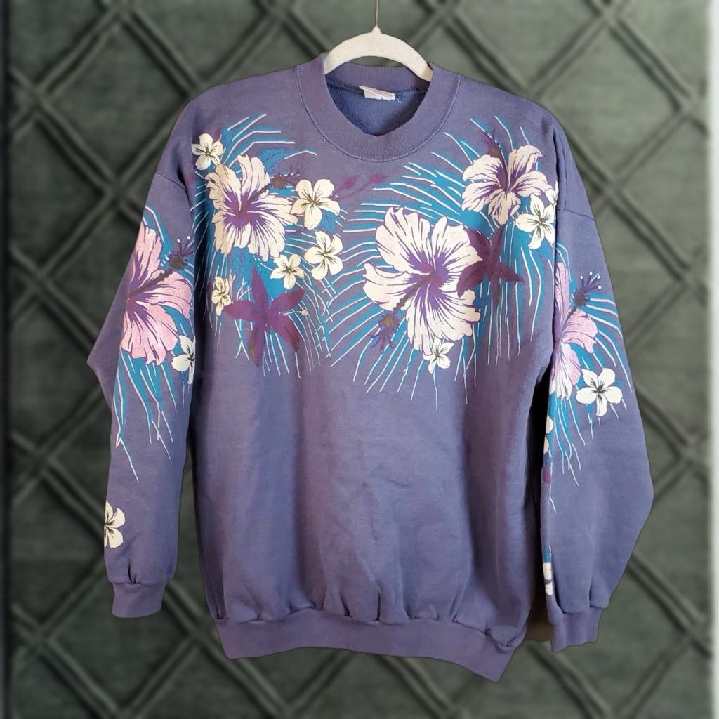 VINTAGE 90s Lifestyles Orchids Flowers Floral Sweater AOP RARE Retro Made In USA S Multicolor