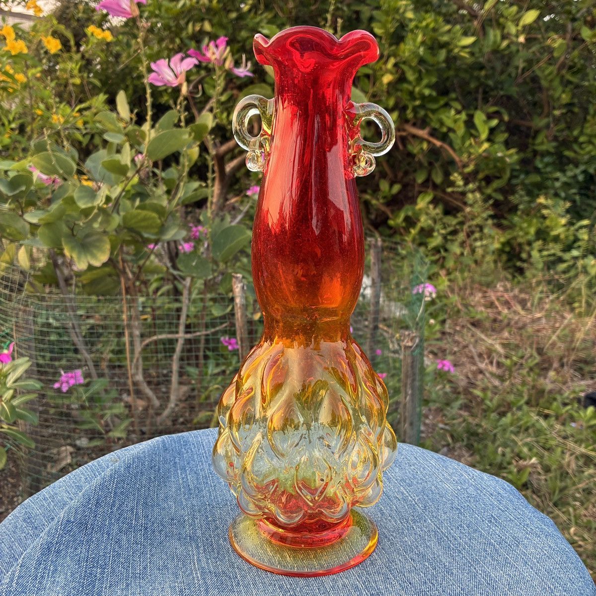 Other Vintage Amberina Glass Vase Applied Clear Mid Century Size ONE SIZE - 2 Thumbnail