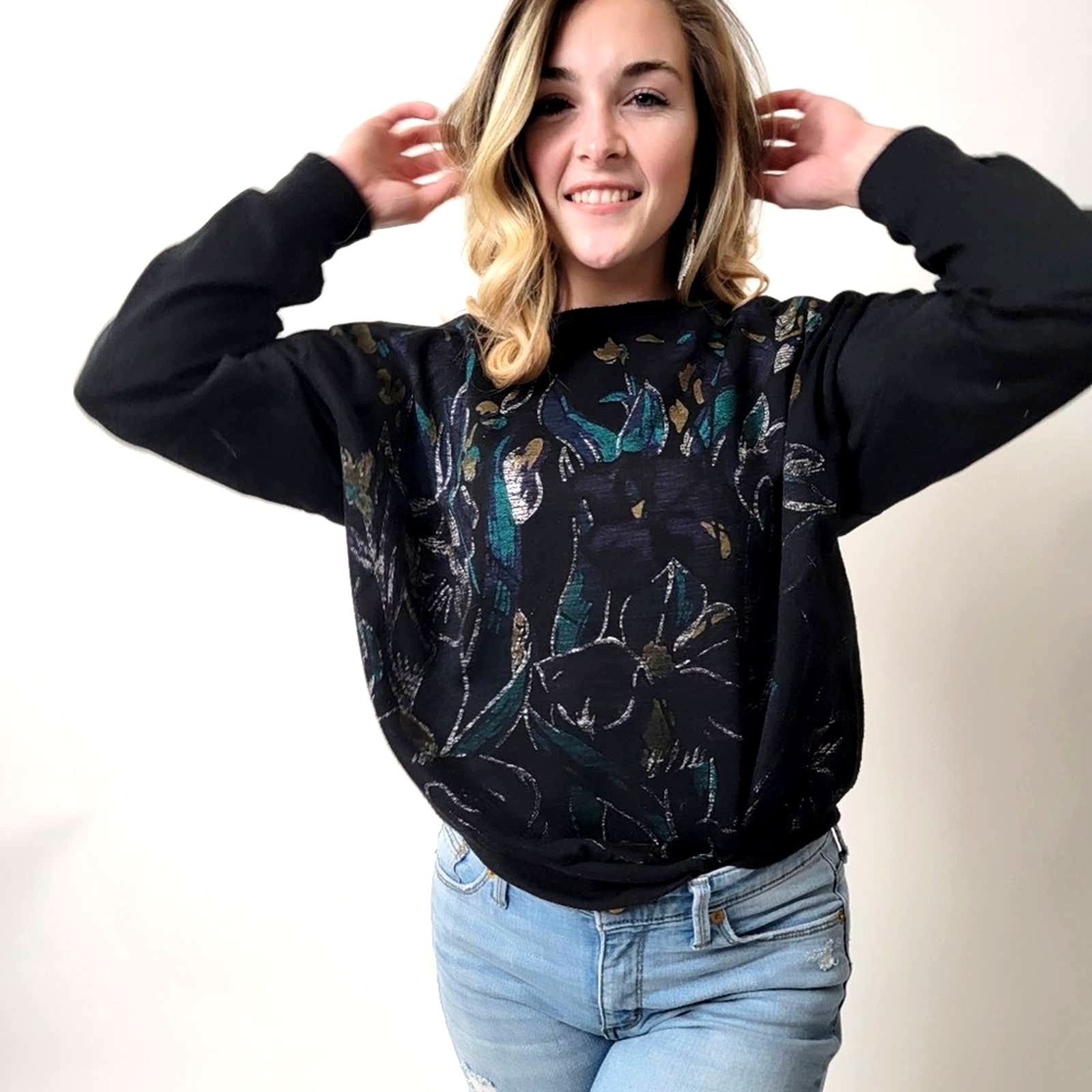 Vintage Vintage 90s Black Muted Floral Sweatshirt Size M / US 6-8 / IT 42-44 - 6 Thumbnail