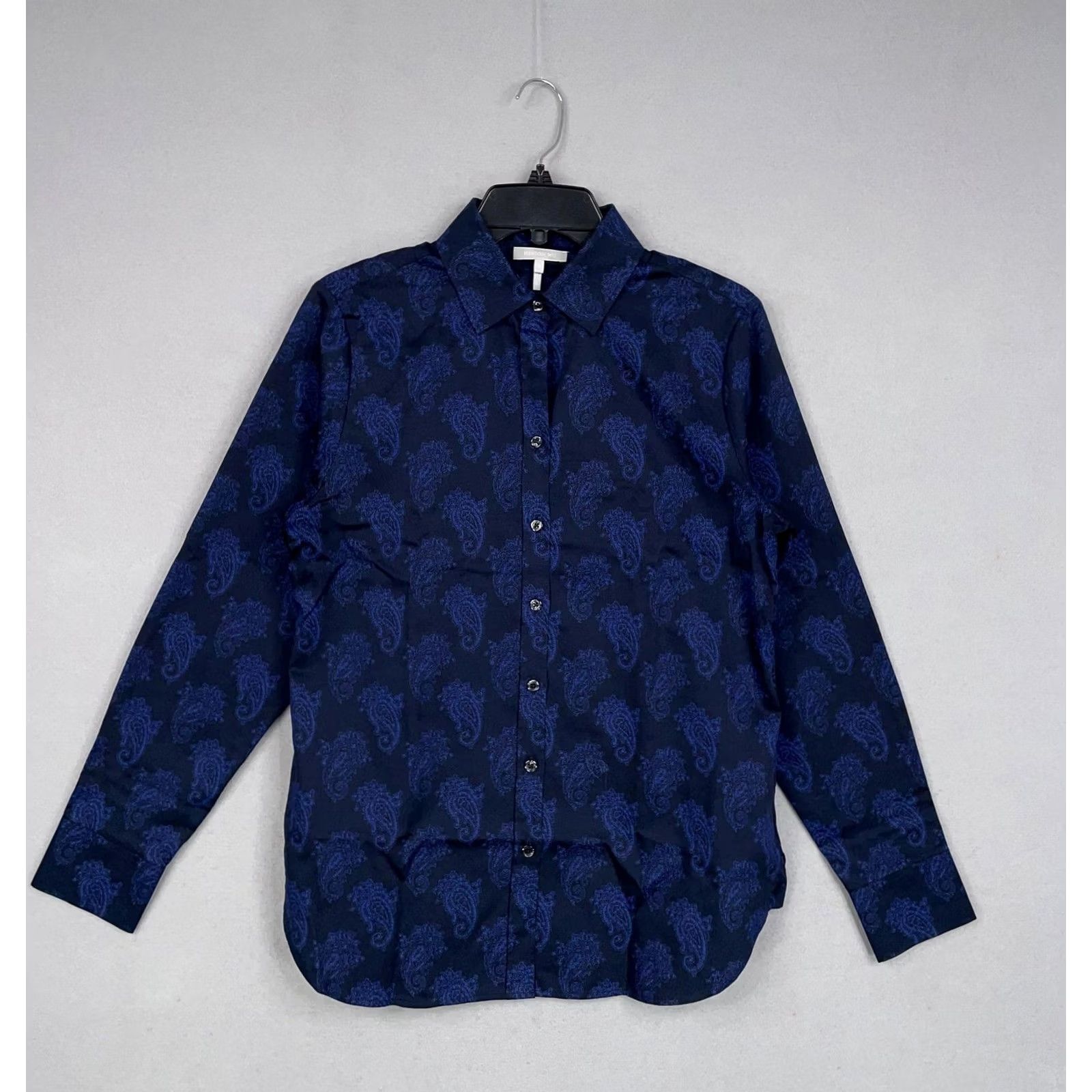 Vintage Hinson Wu Shirt Womens 6 Navy Blue Paisley Print Button Front Cotton Blouse Size M / US 6-8 / IT 42-44 - 2 Thumbnail