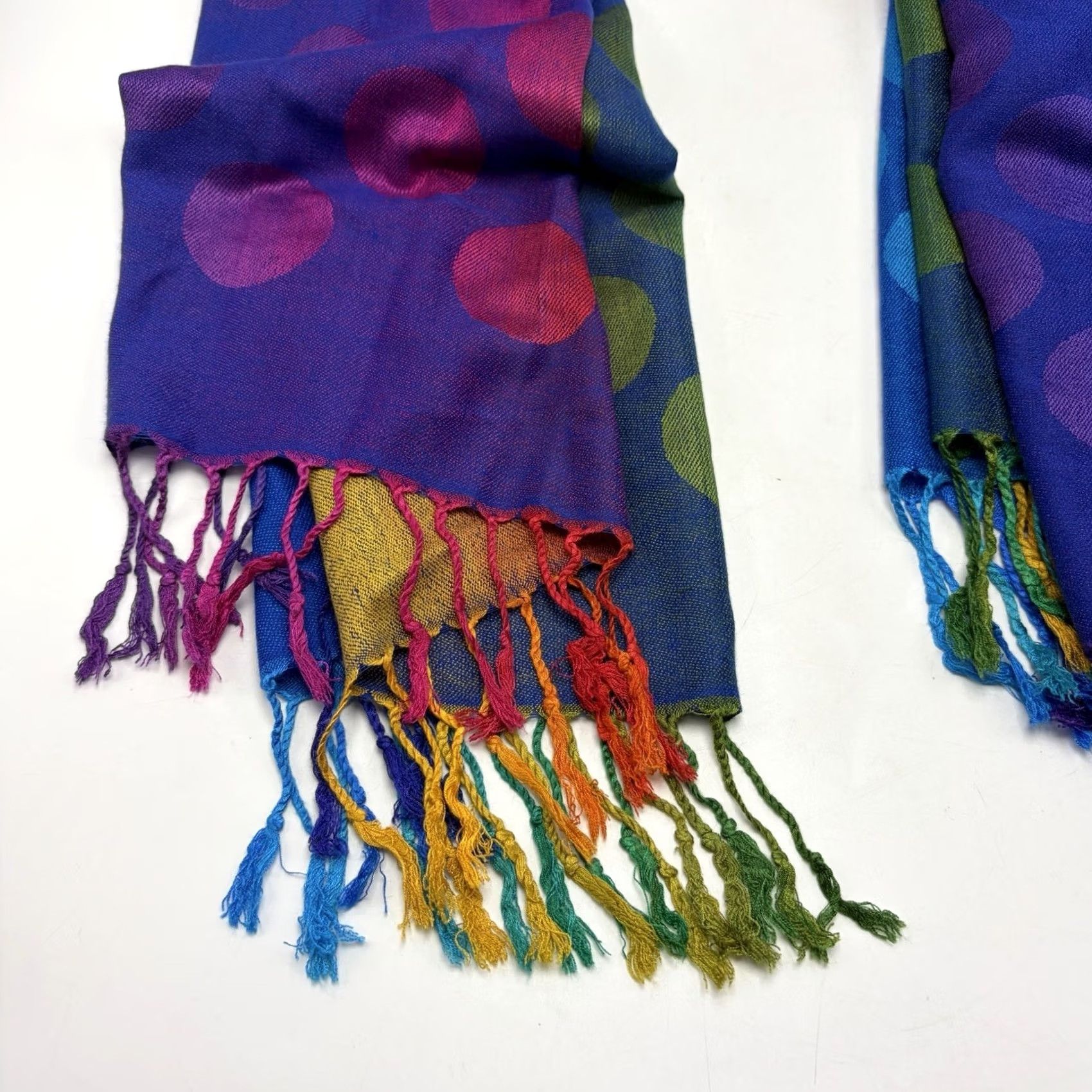 Rainbow Cashmere Scarf 100% Cashmere Polka Dot Rainbow Color Block Blue Read Read Size ONE SIZE - 7 Thumbnail