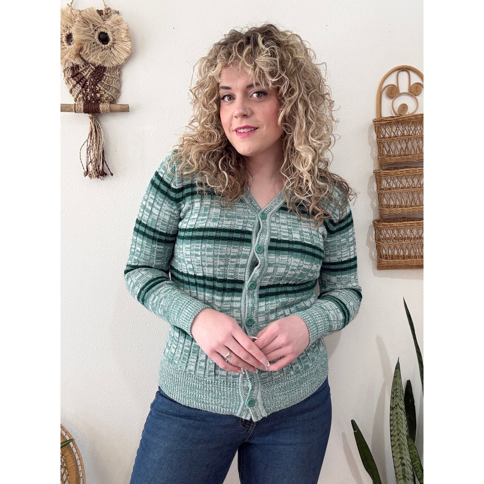Vintage 70s Green Stripe Cardigan Size ONE SIZE - 1 Thumbnail