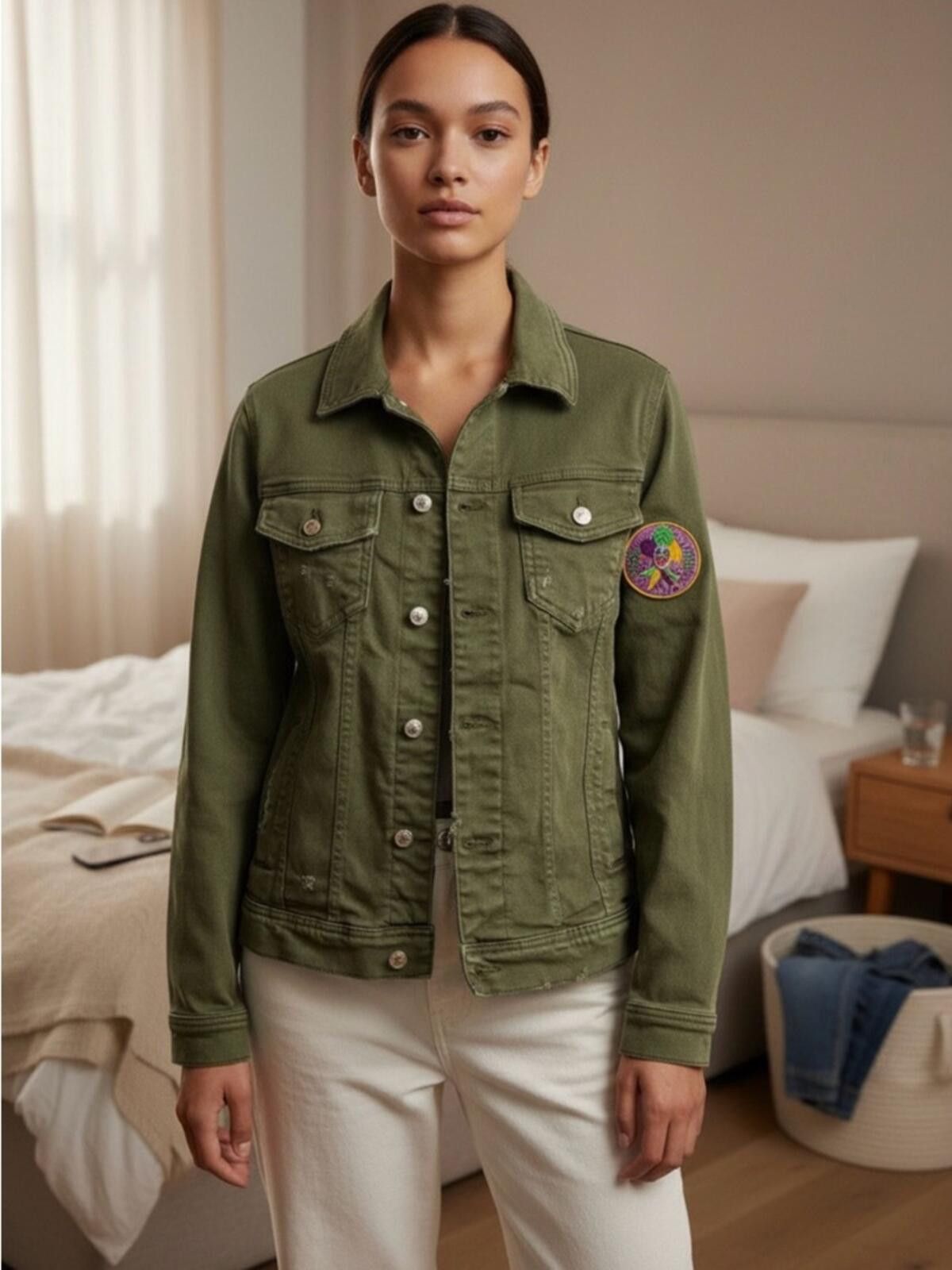 Zara Zara Olive Green Denim Jacket with Colorful Sleeve Patch Size S / US 4 / IT 40 - 4 Thumbnail