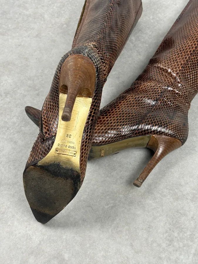 Dolce & Gabbana 2000s Dolce & Gabbana Brown Python Leather Knee-High Heeled Boots Size US 8 / IT 38 - 12 Thumbnail