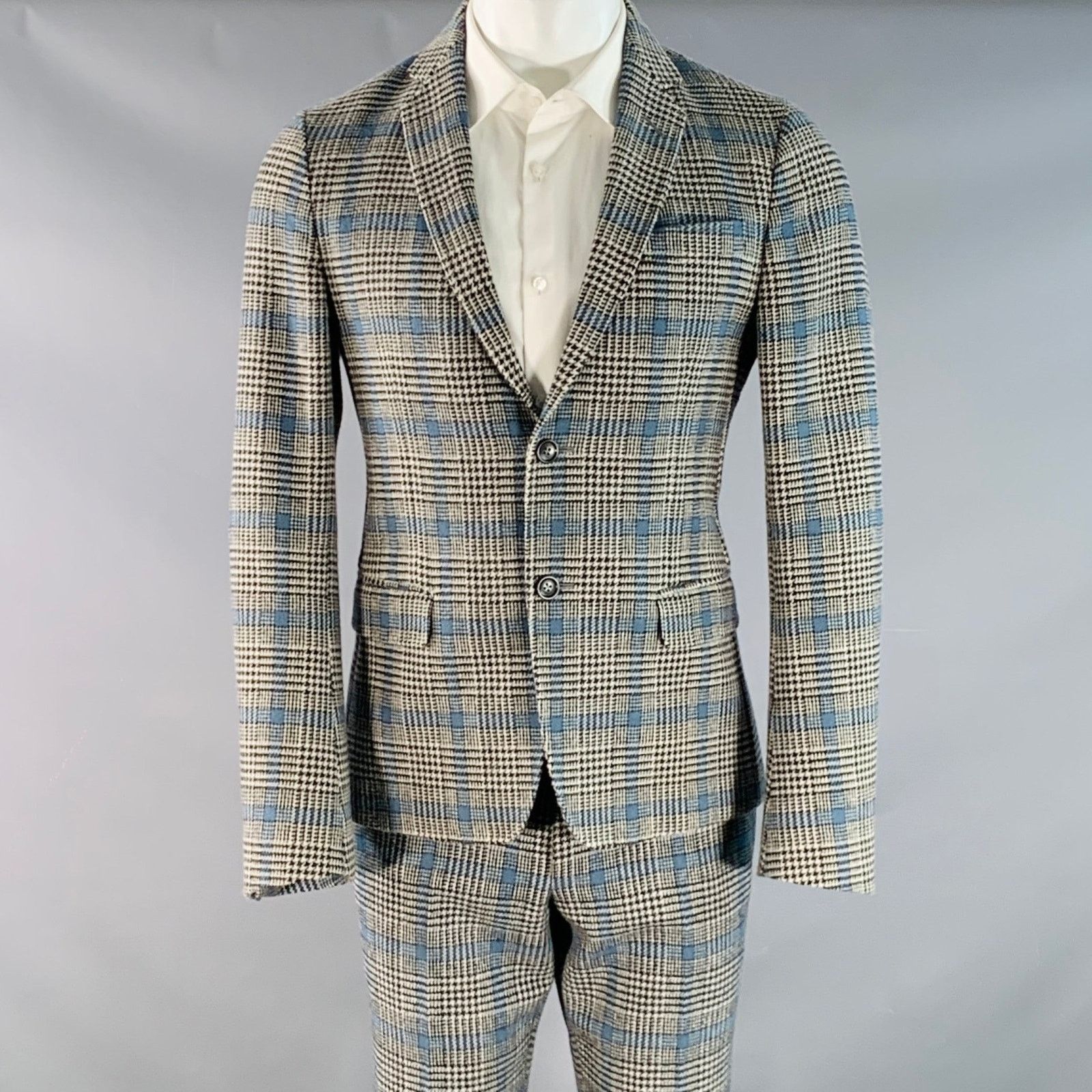 Size 38 Black White Blue Glenplaid Wool Notch Lapel Suit