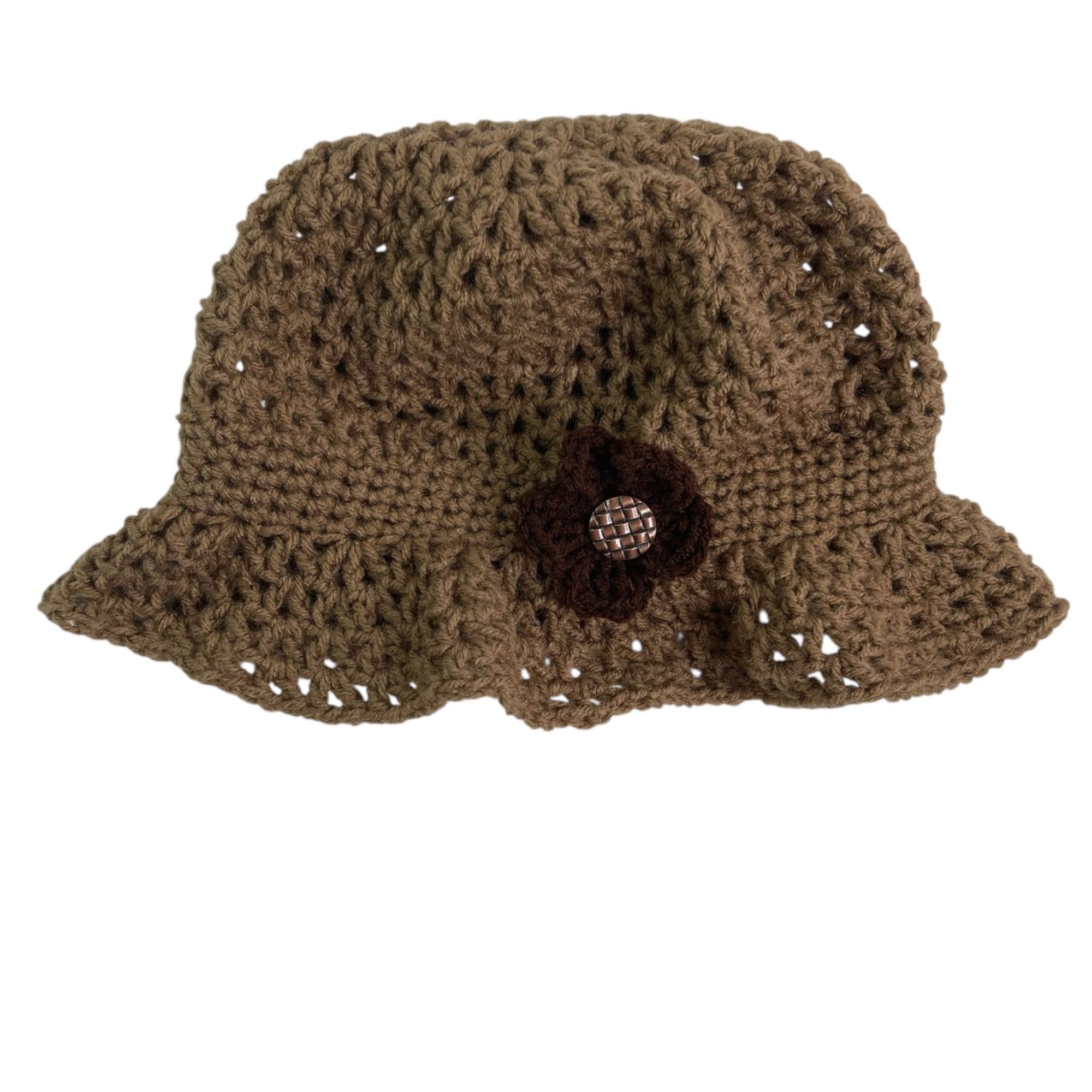 Handmade Crochet Bucket Hat Retro Style Brown and Tan Flower Embellis Size ONE SIZE - 4 Thumbnail