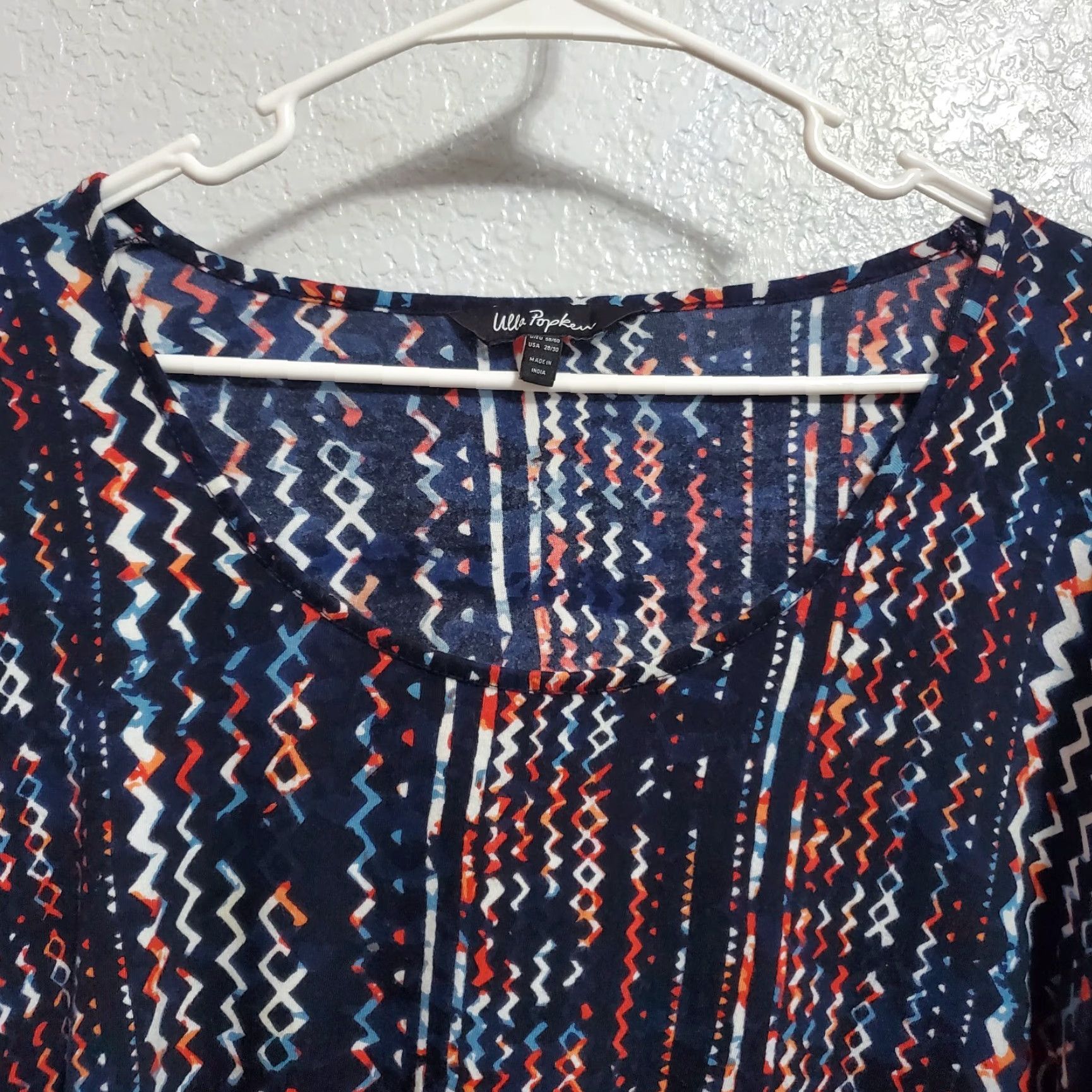 Vintage Ulla Popken Top Women 4X Blue Print Geometric Round Neck 3/4 Sleeve Tunic Boho Size XXL / US 16-18 / IT 52-54 - 4 Thumbnail