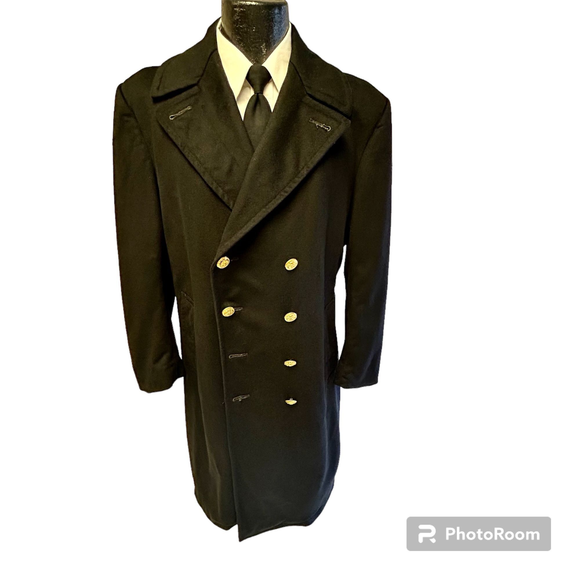 image of Unkwn VTG Wwii Military Trench 8 Gold Btn Db Usn Usa Navy Jacket in Black, Men's (Size Medium)