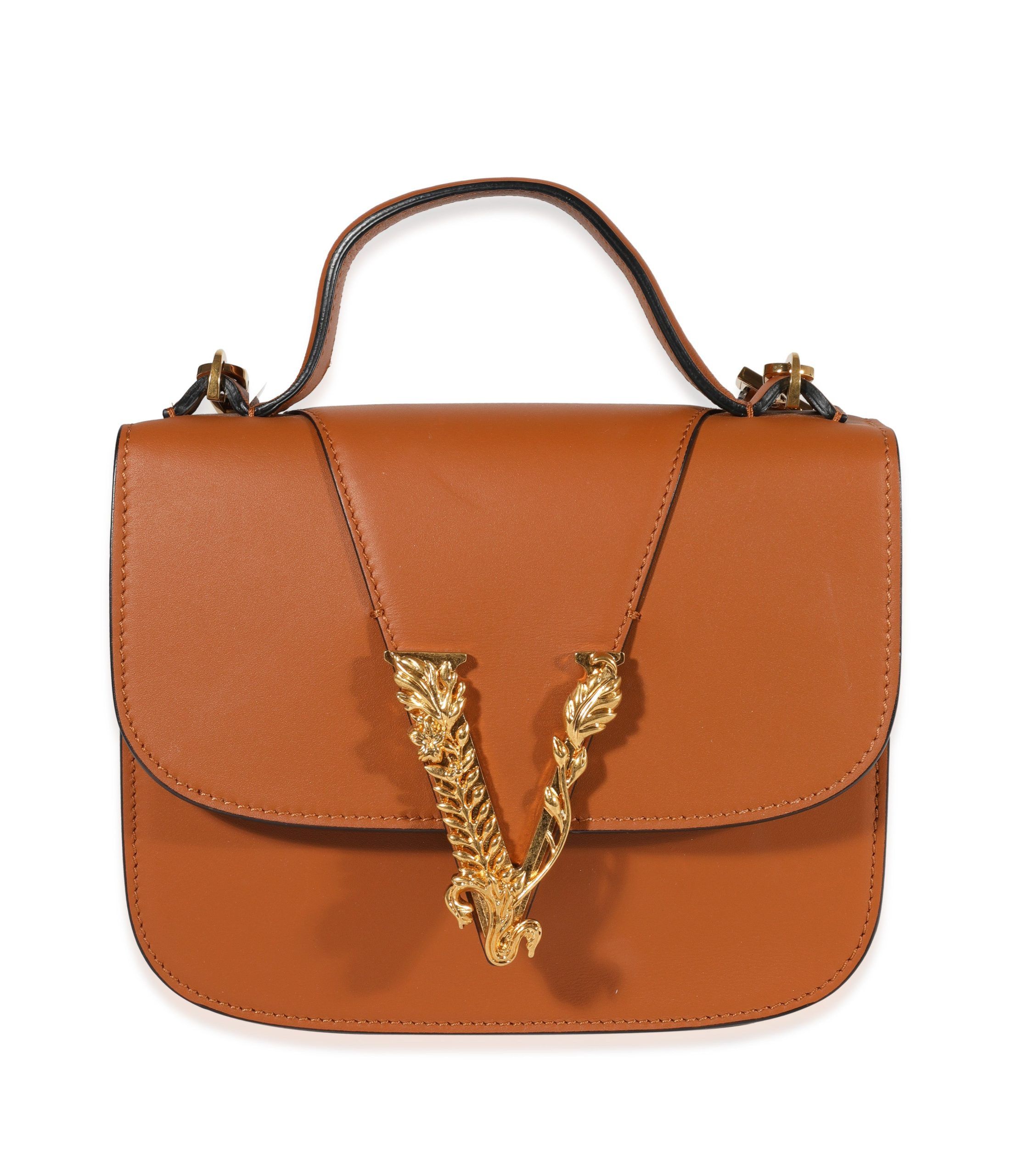 image of Versace Caramel Smooth Leather Virtus Barocco V Small Top Handle in Brown, Women's