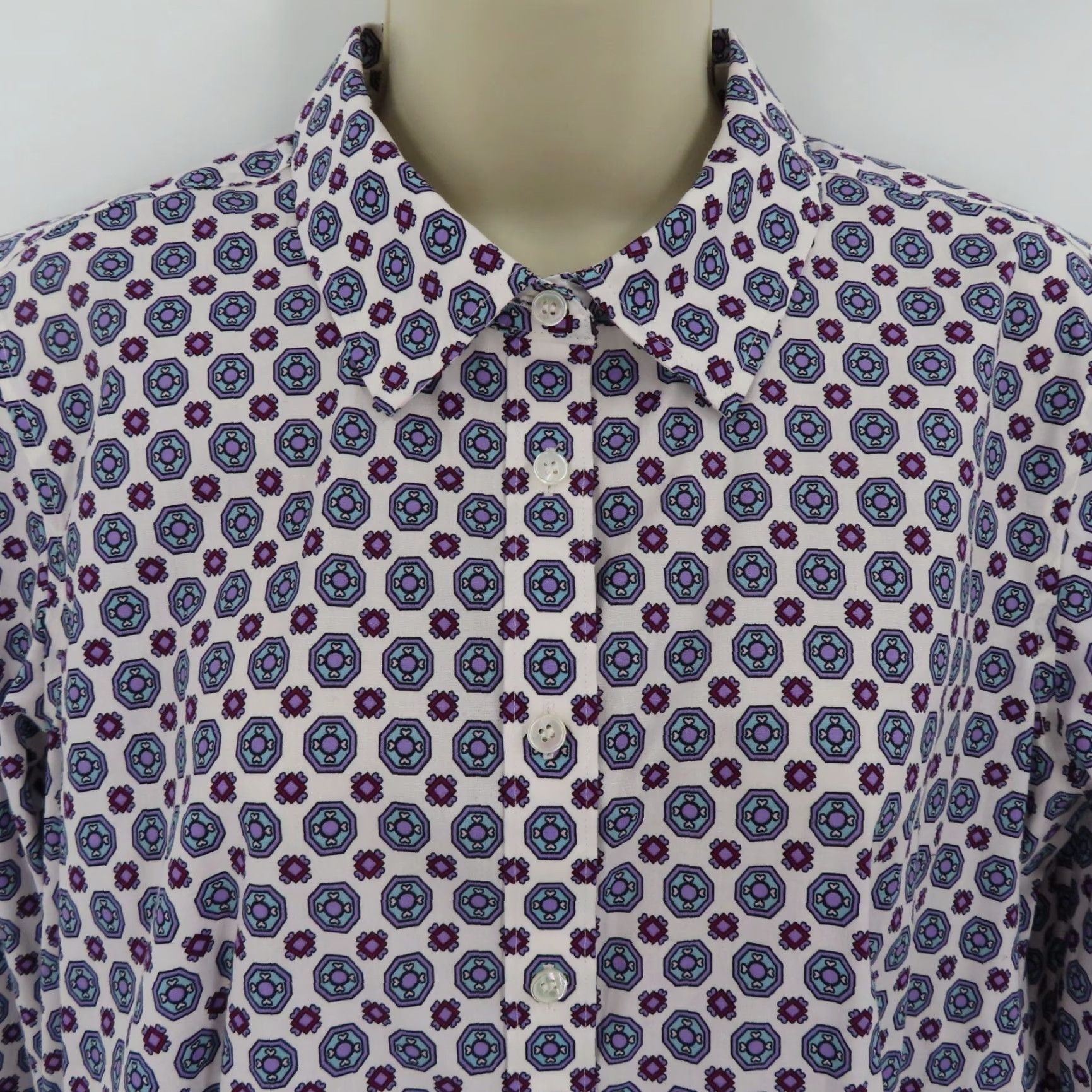 Talbots Talbots Womens 10 Non Iron Purple Blue Geometric Collar Button Shirt Top Blouse Size L / US 10 / IT 46 - 2 Thumbnail
