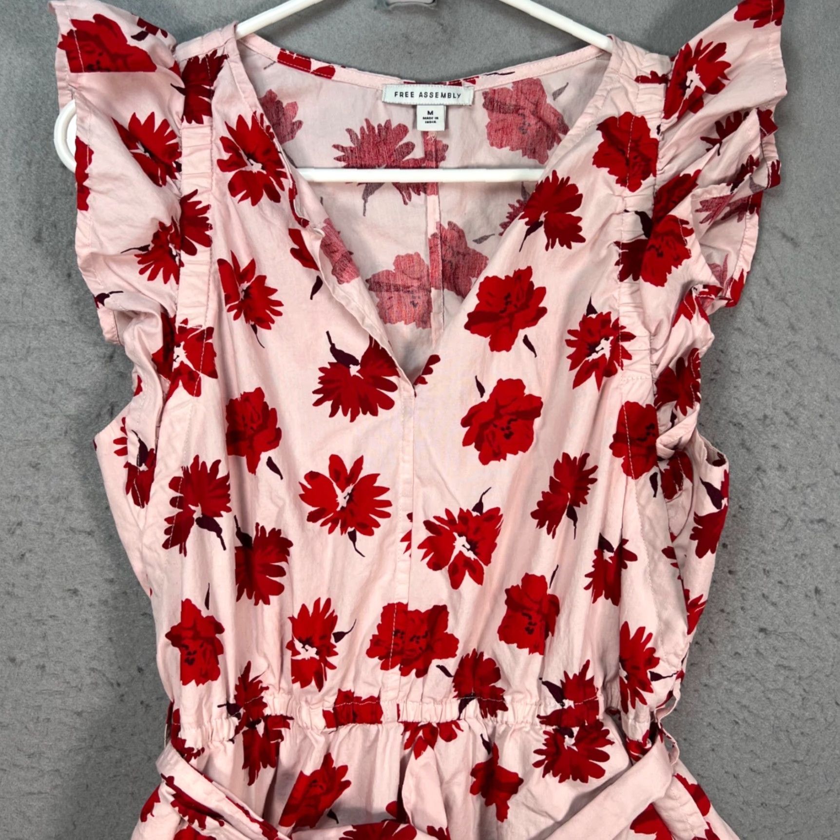 Vintage Free Assembly Floral Midi Dress Shirt Dress? (Pink) 100% Cotton, V-Neck, Ruffle-Sleeve, A-Line, Spring/Summer, Women, Size M Size M / US 6-8 / IT 42-44 - 5 Thumbnail